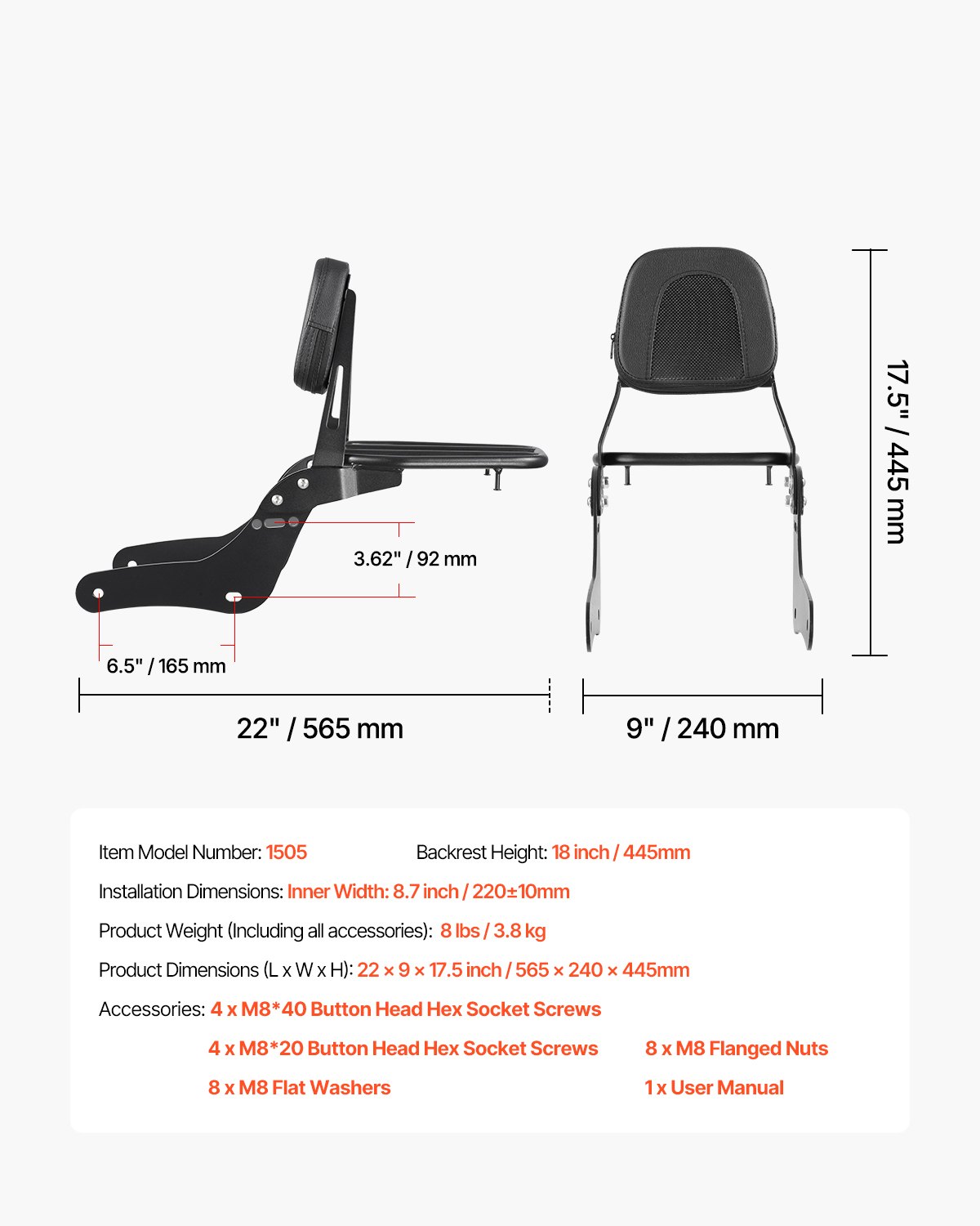 VEVOR Schienale Posteriore Moto Portapacchi, Compatibile con Honda Rebel CMX300 CMX500 2017-2022, Altezza 445mm, Schienale Passeggero Rimovibile, Telaio in Metallo Imbottitura Posteriore in Pelle