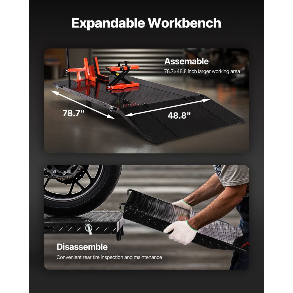 VEVOR Motorcycle Lift, Motorcycle Lifting Platform, Height-Adjustable Lifting Stand with Removable Workbench, Pneumatic Vehicle Repair Platform (680 kg Load Capacity / Max. Lifting Height 940.2 mm) for Dirt Bikes