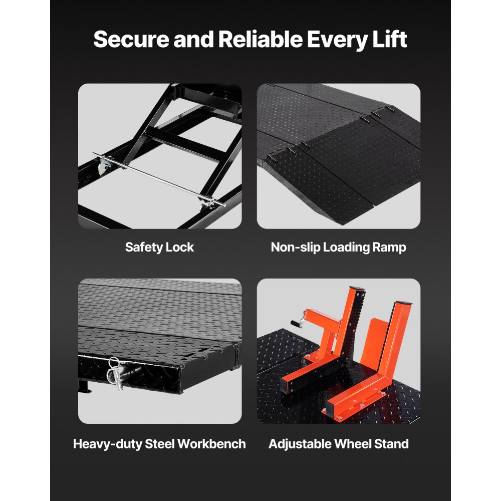 VEVOR Motorcycle Lift, Motorcycle Lifting Platform, Height-Adjustable Lifting Stand with Removable Workbench, Pneumatic Vehicle Repair Platform (680 kg Load Capacity / Max. Lifting Height 940.2 mm) for Dirt Bikes