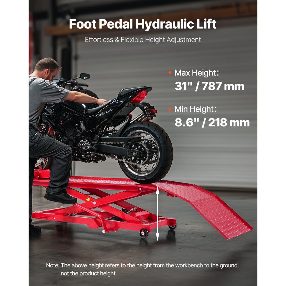VEVOR Motorcycle Lift, Hydraulic Motorcycle Lift (Max. 787 mm Lifting Height), Rolling Lift Stand, Bicycle Repair Stand (453.59 kg Load Capacity) with Safety Lock for Off-Road Vehicles and Dirt Bikes