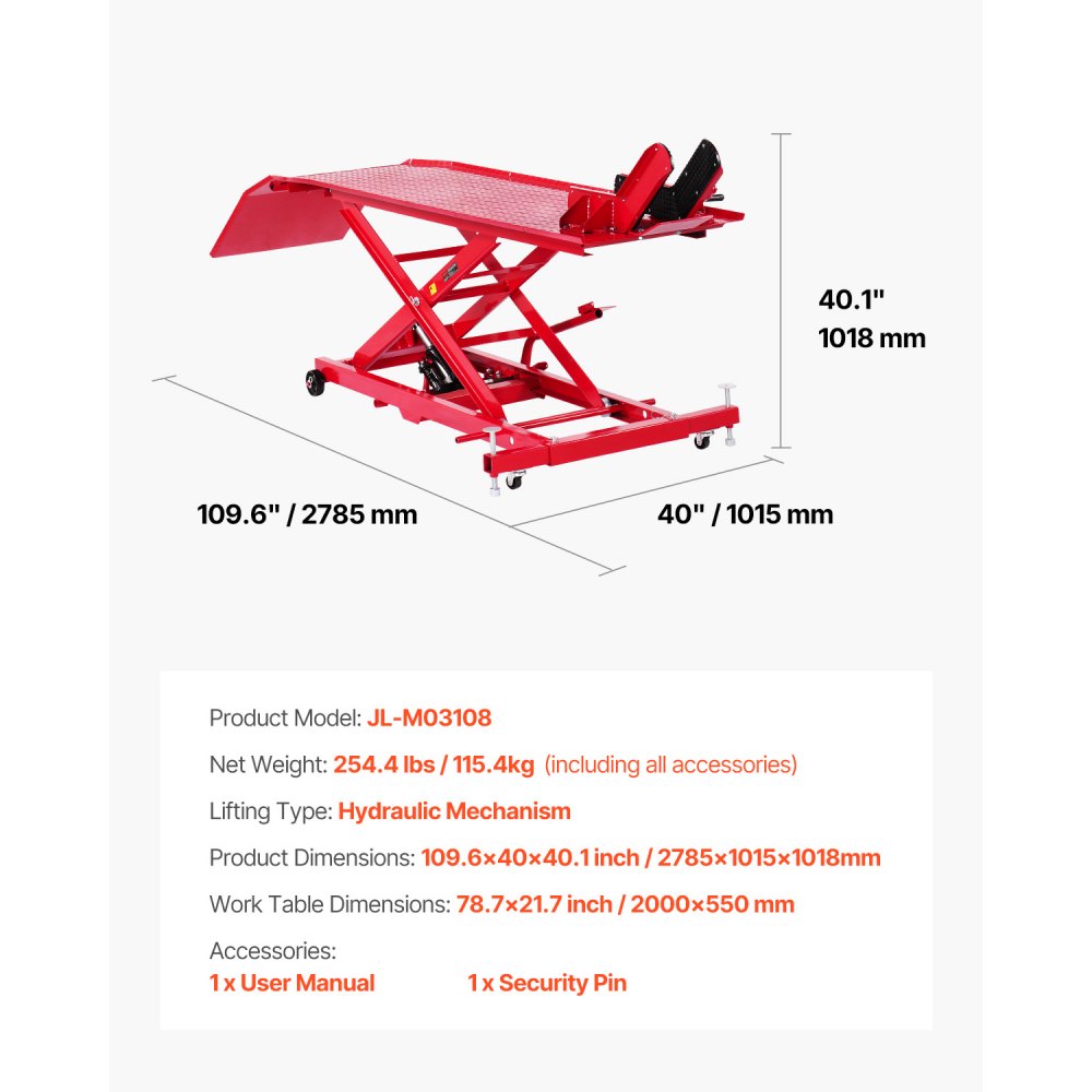 VEVOR Motorcycle Lift, Hydraulic Motorcycle Lift (Max. 787 mm Lifting Height), Rolling Lift Stand, Bicycle Repair Stand (453.59 kg Load Capacity) with Safety Lock for Off-Road Vehicles and Dirt Bikes