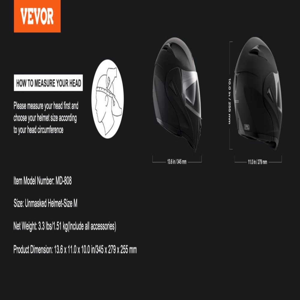 VEVOR Motorcycle Helmet without Mask, High-Density ABS Helmet & Interchangeable Lens, Size M, DOT-Approved, Comfortable Motocross Helmet, for Youth & Adults