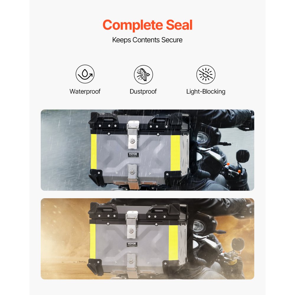 VEVOR Motorcycle Top Case, 45L Rear Box made of Aluminum Alloy with Leather Lining, Detachable Motorcycle Top Box with Lock & Backrest Pad, Helmet Case (435 x 378 x 348 mm) Silver