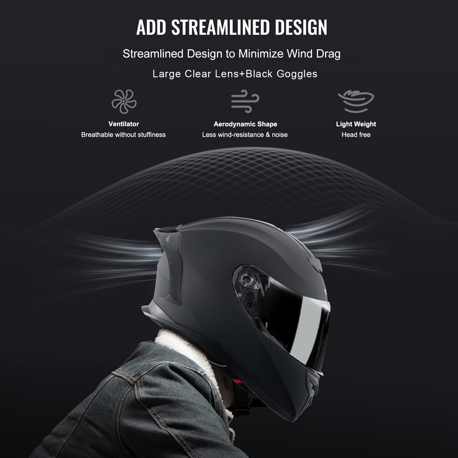 VEVOR Casco da Moto, Integrale, Intelligente Strada ABS Casco ad Alta Densità con Slot per Bluetooth Lenti Intercambiabili, Casco da Motocross Confortevole per Giovani Adulti, Taglia L, Nero