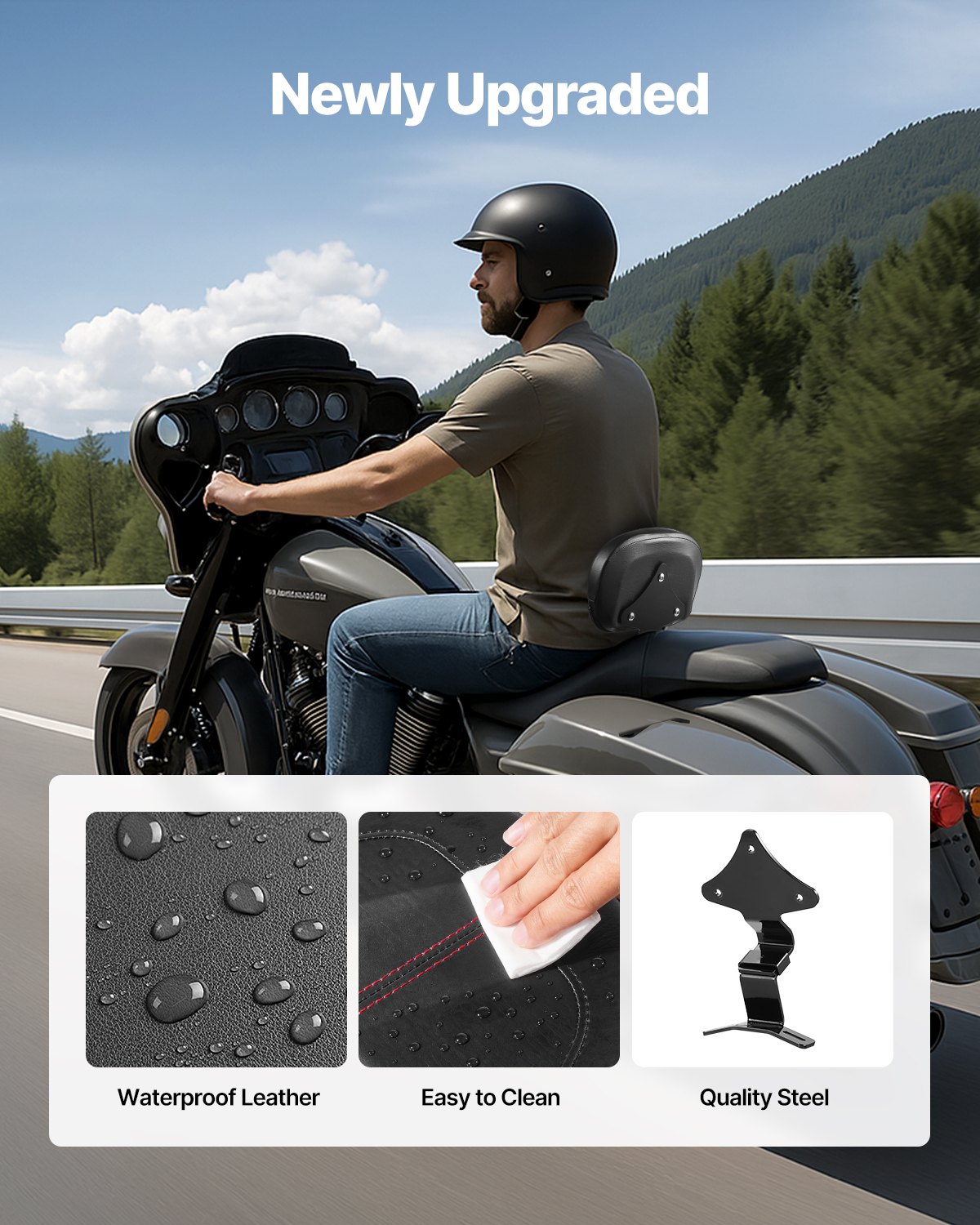 VEVOR Motorcycle Backrest Sissybar Compatible with Harley-Davidson Touring Street Glide Road Glide Road King, 31 cm High Detachable Rider Backrest for Motorcycles, Black