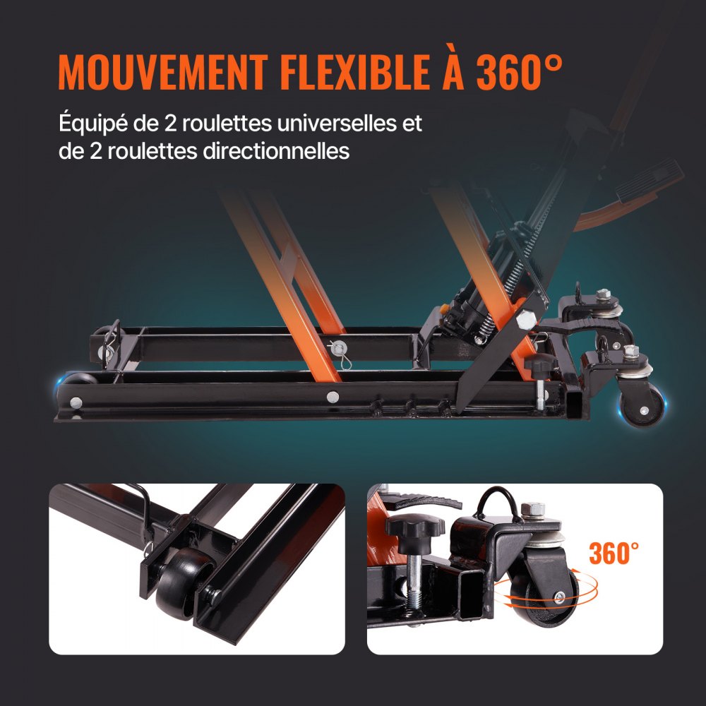VEVOR Sollevatore Idraulico a Ponte per Moto Bici ATV da Officina Capacità Max. 700kg Altezza Regolabile 12-38,5cm, Sollevatore Alzamoto con Ruote Officina Operazione Idraulica con Perno di Sicurezza