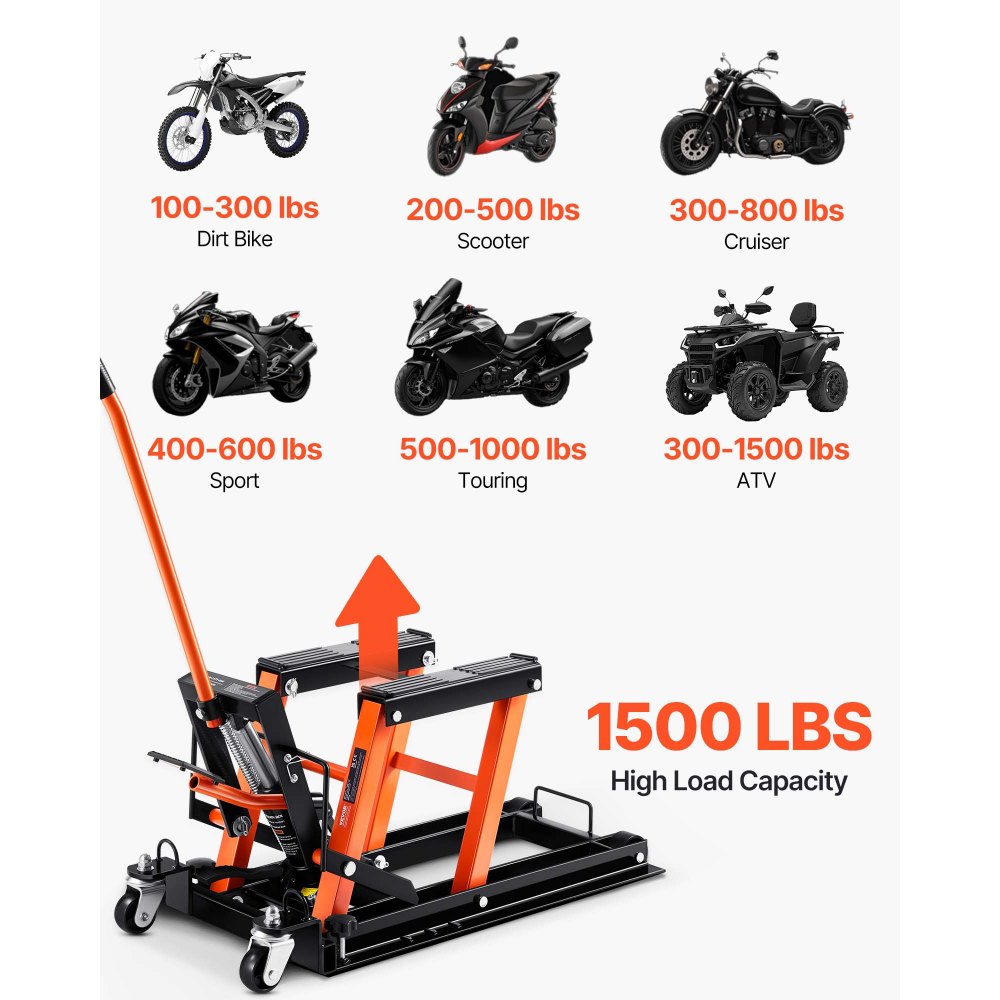 VEVOR Sollevatore Idraulico a Ponte per Moto Bici ATV da Officina Capacità Max. 700kg Altezza Regolabile 12-38,5cm, Sollevatore Alzamoto con Ruote Officina Operazione Idraulica con Perno di Sicurezza