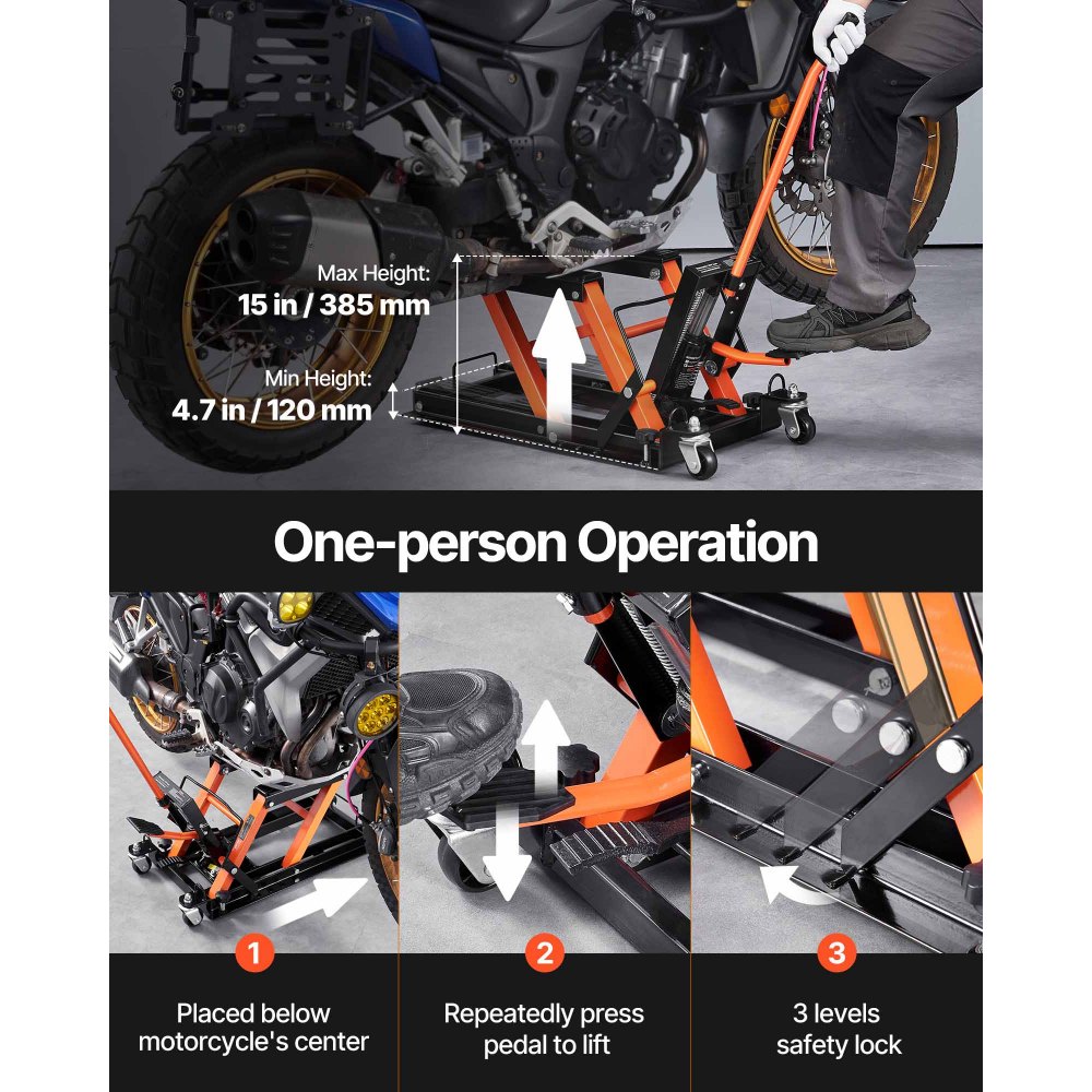 VEVOR Sollevatore Idraulico a Ponte per Moto Bici ATV da Officina Capacità Max. 700kg Altezza Regolabile 12-38,5cm, Sollevatore Alzamoto con Ruote Officina Operazione Idraulica con Perno di Sicurezza