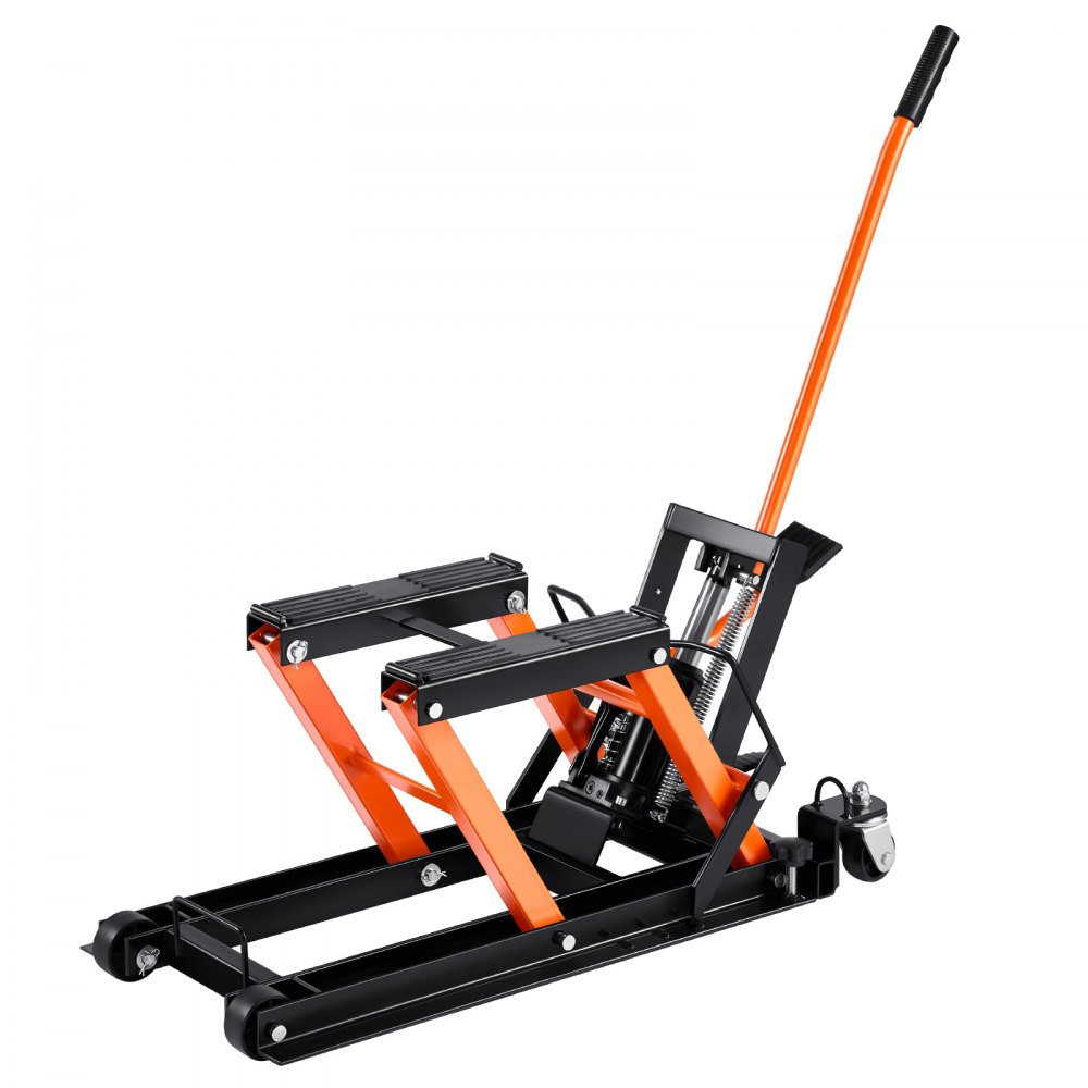 VEVOR Sollevatore Idraulico a Ponte per Moto Bici ATV da Officina Capacità Max. 700kg Altezza Regolabile 12-38,5cm, Sollevatore Alzamoto con Ruote Officina Operazione Idraulica con Perno di Sicurezza