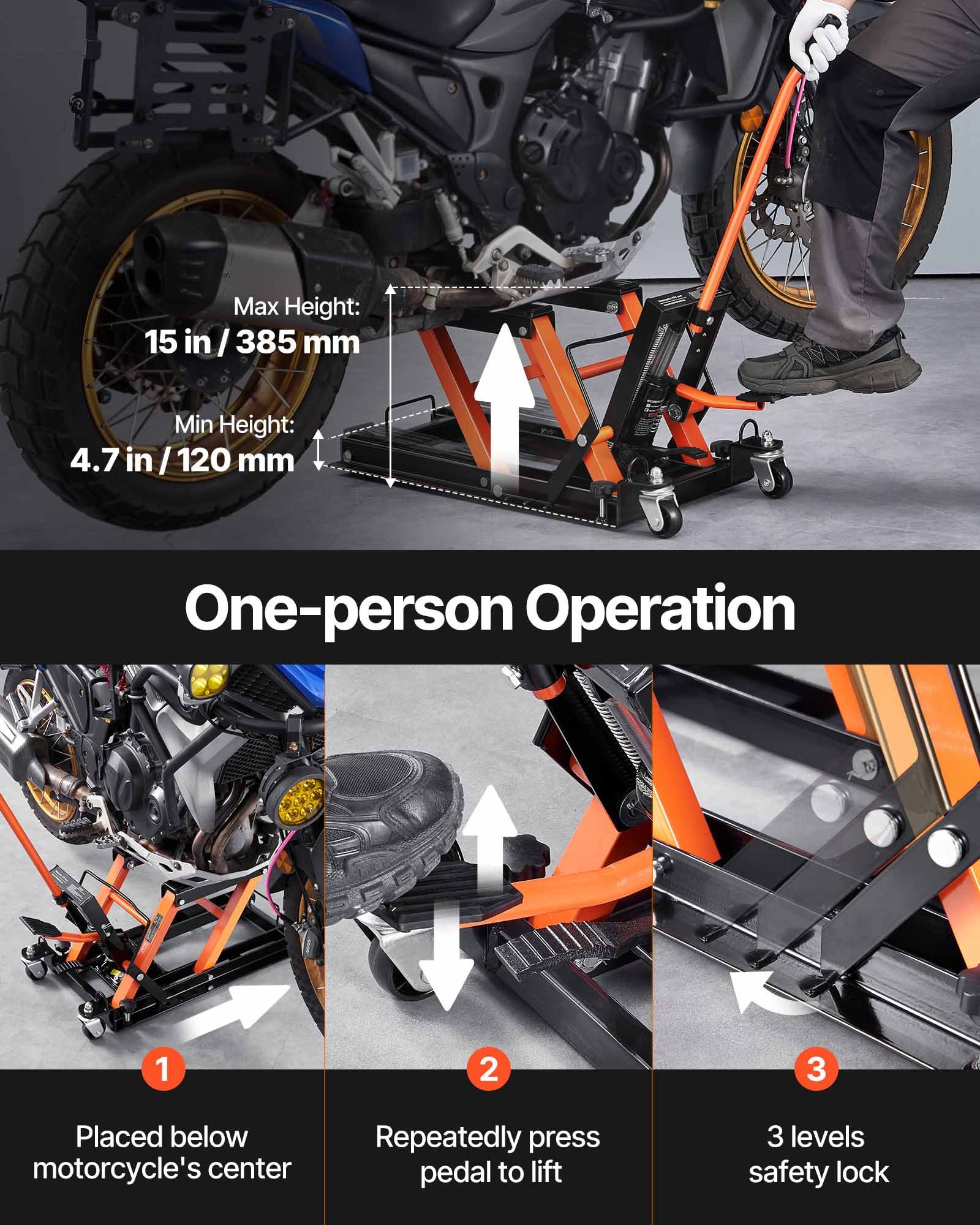 VEVOR Sollevatore Idraulico a Ponte per Moto Bici ATV da Officina Capacità Max. 700kg Altezza Regolabile 12-38,5cm, Sollevatore Alzamoto con Ruote Officina Operazione Idraulica con Perno di Sicurezza