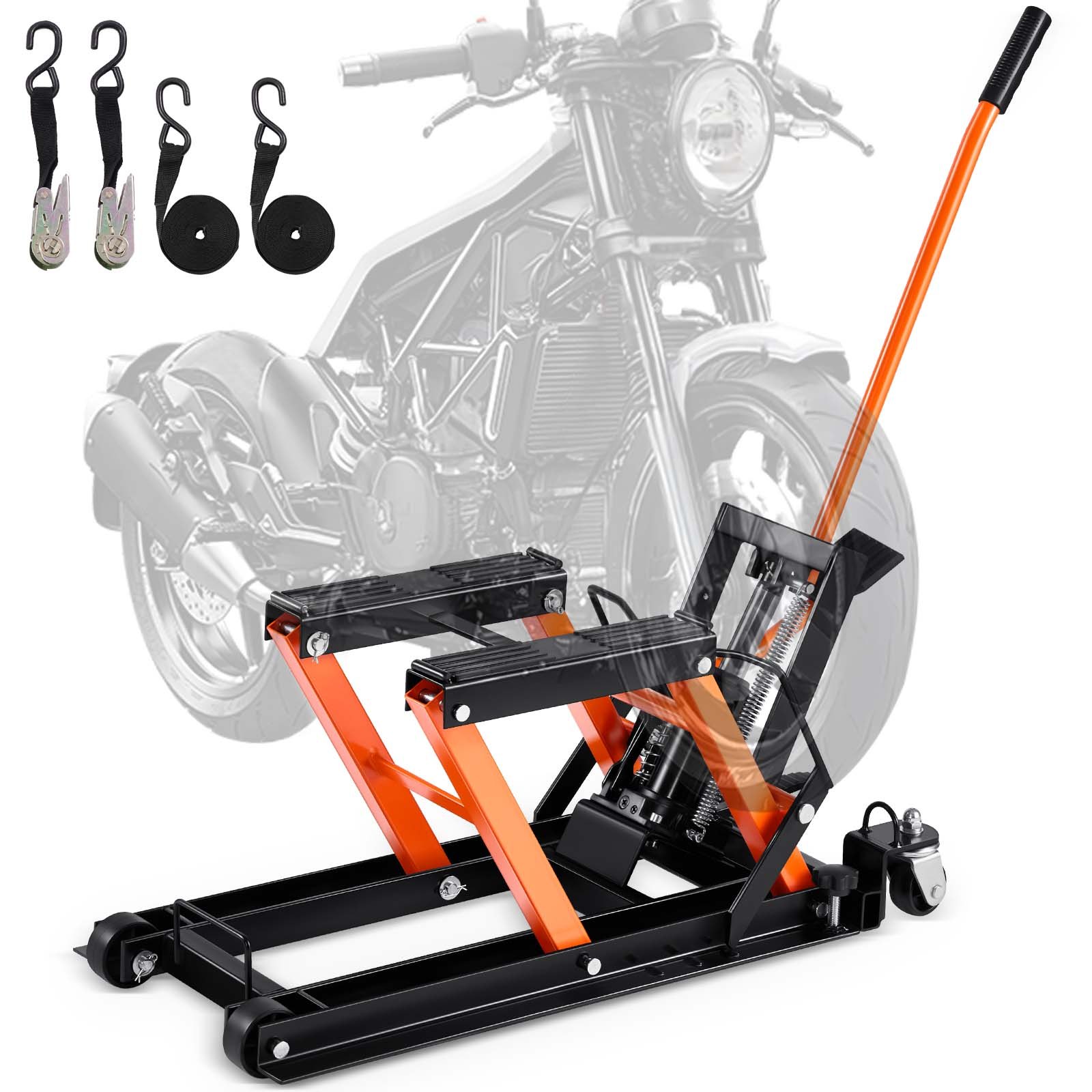 VEVOR Sollevatore Idraulico a Ponte per Moto Bici ATV da Officina Capacità Max. 700kg Altezza Regolabile 12-38,5cm, Sollevatore Alzamoto con Ruote Officina Operazione Idraulica con Perno di Sicurezza