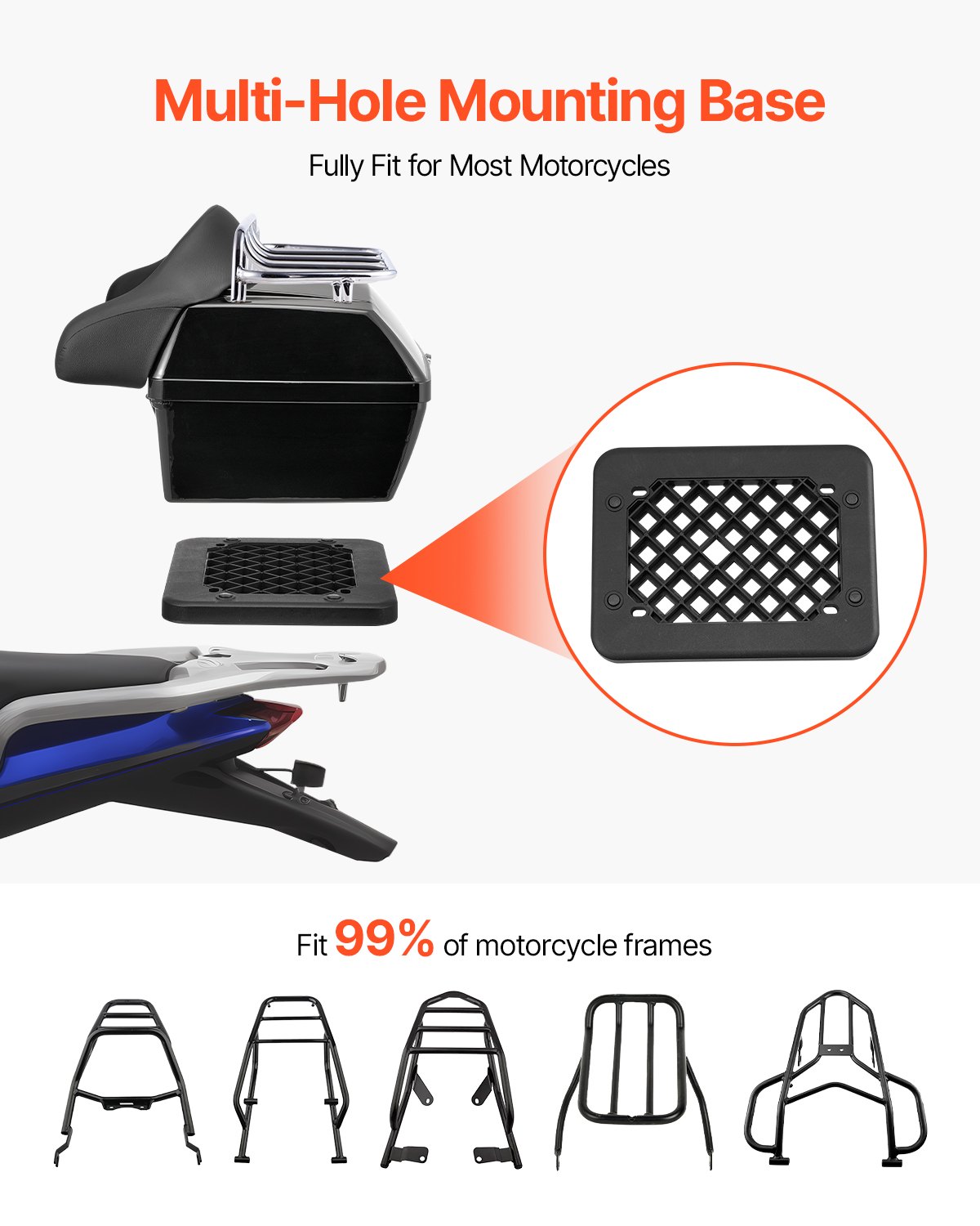 VEVOR Motorcycle Top Case, 48L Universal Rear Box made of PP Material, Waterproof & Removable Motorcycle Top Box with Multi-Hole Base & Shelf, Helmet Case (565 x 500 x 380 mm)