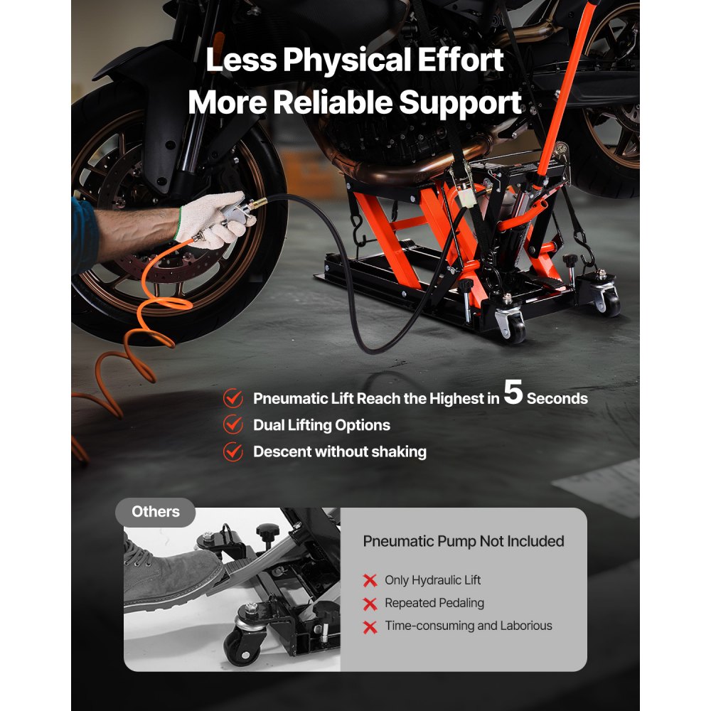 VEVOR Sollevatore per Moto, Idraulico e Pneumatico e Girevole con Altezza di Sollevamento di 119 a 381 mm, Cricco per Riparazione Biciclette, Capacità Carico di 680 kg con Rampa Rimovibile