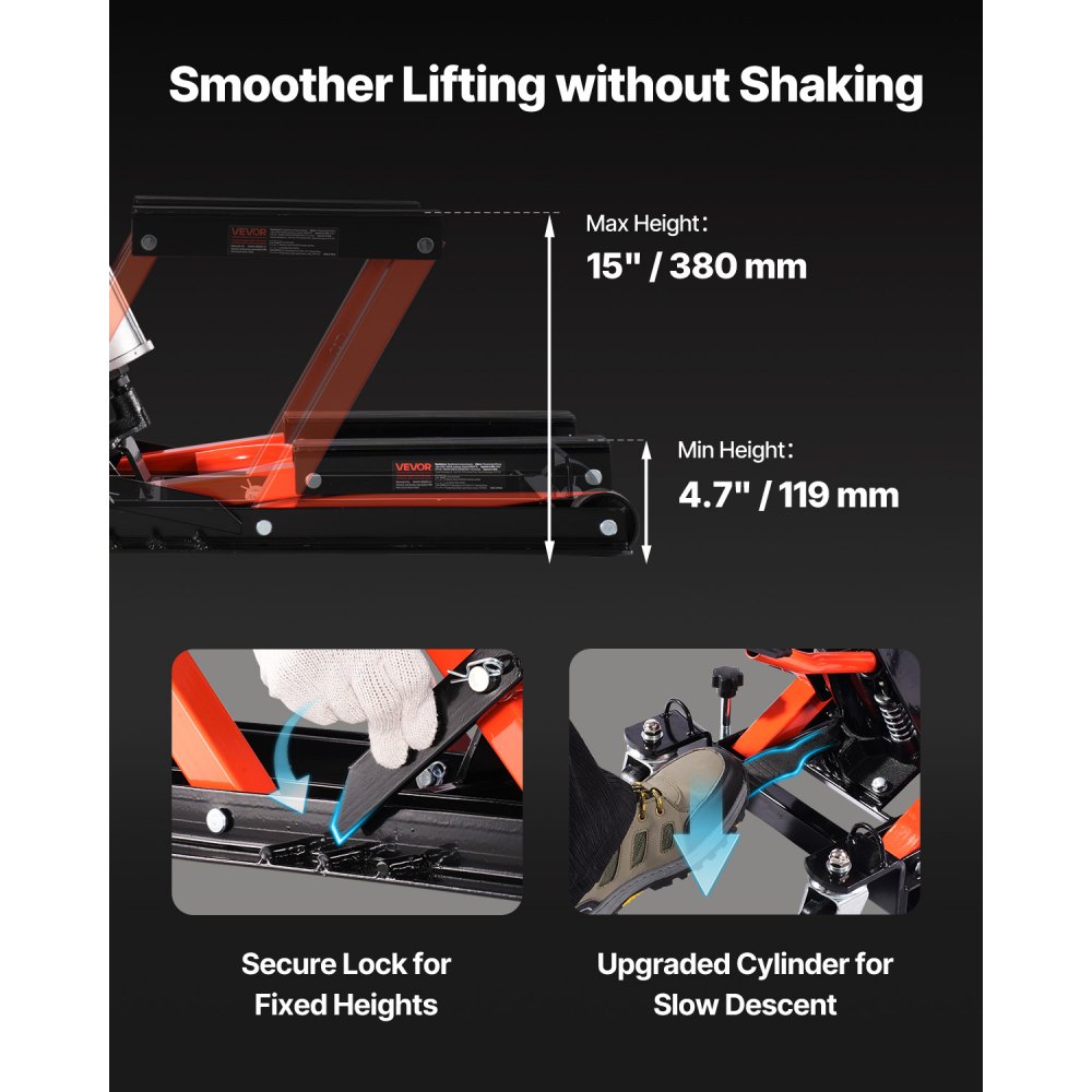 VEVOR Sollevatore per Moto, Idraulico e Pneumatico e Girevole con Altezza di Sollevamento di 119 a 381 mm, Cricco per Riparazione Biciclette, Capacità Carico di 680 kg con Rampa Rimovibile
