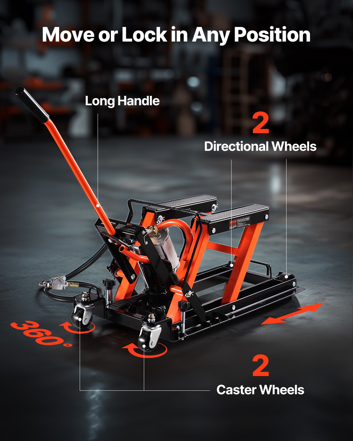 VEVOR Sollevatore per Moto, Idraulico e Pneumatico e Girevole con Altezza di Sollevamento di 119 a 381 mm, Cricco per Riparazione Biciclette, Capacità Carico di 680 kg con Rampa Rimovibile