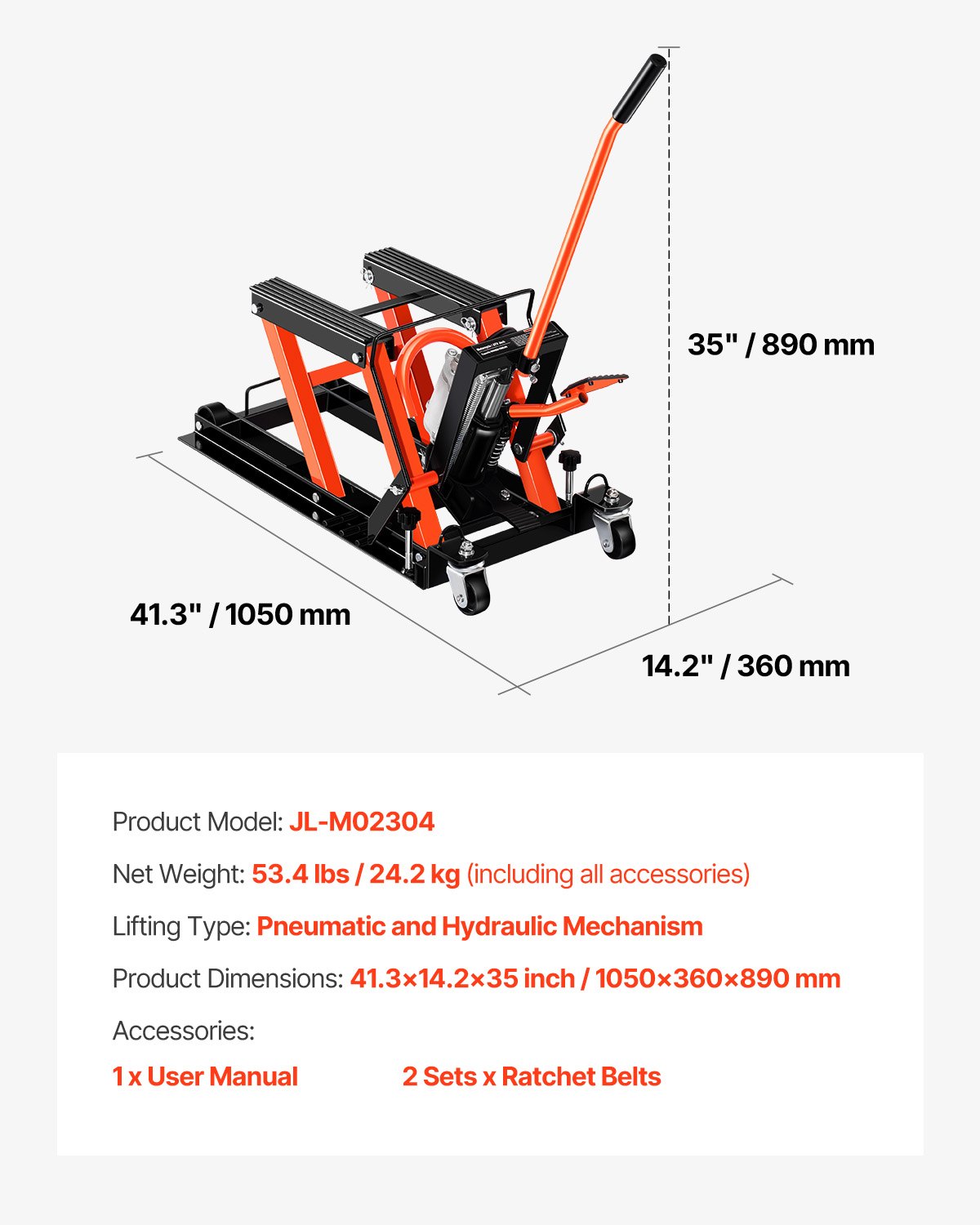 VEVOR Sollevatore per Moto, Idraulico e Pneumatico e Girevole con Altezza di Sollevamento di 119 a 381 mm, Cricco per Riparazione Biciclette, Capacità Carico di 680 kg con Rampa Rimovibile