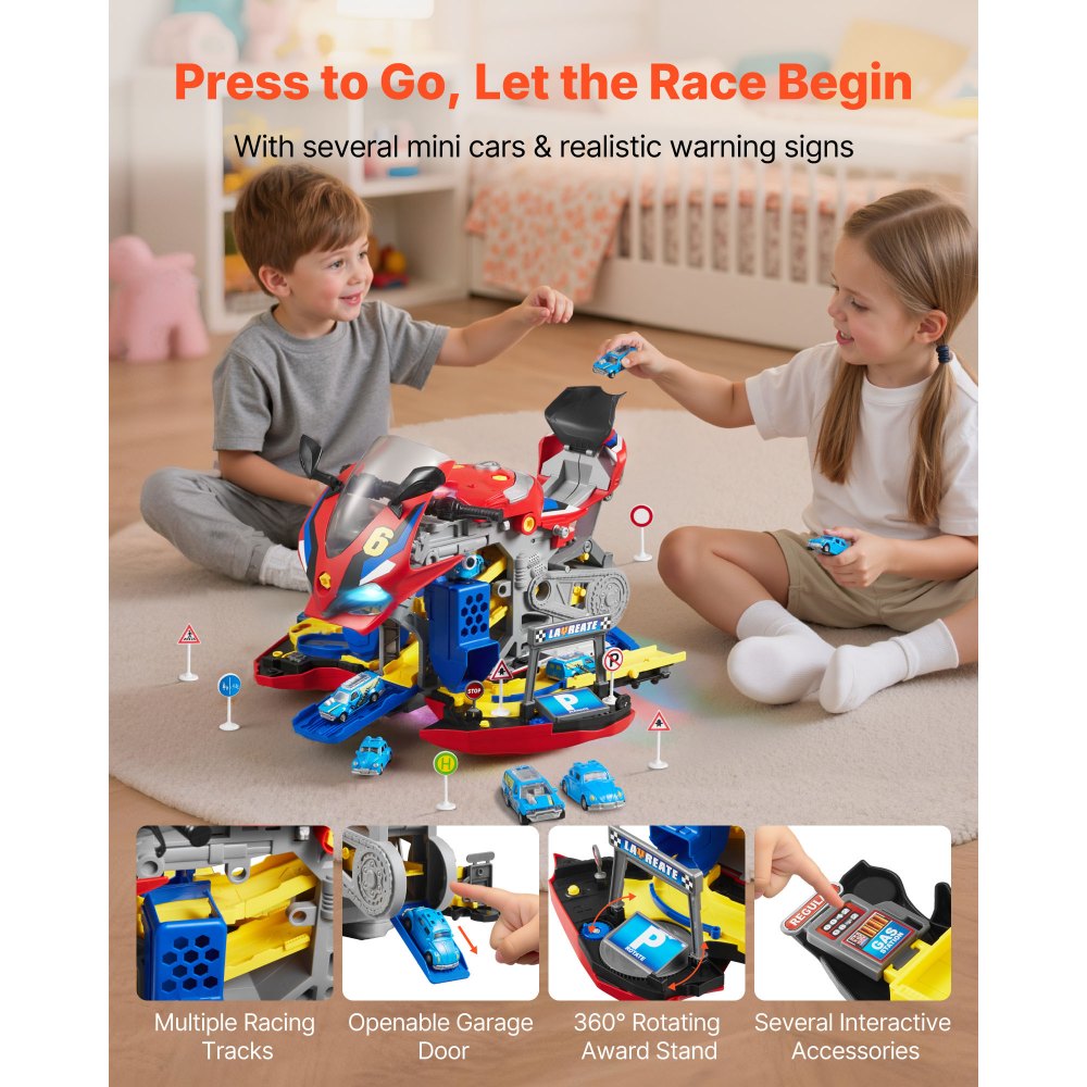 VEVOR Giocattolo Motore per Moto, Giochi Meccanici 25 Pezzi con Parti Rimovibili, Luci e Suoni, Simulazione di Guida e Corsa in Pista, Set Officina Meccanica per Bambini, Colore Rosso