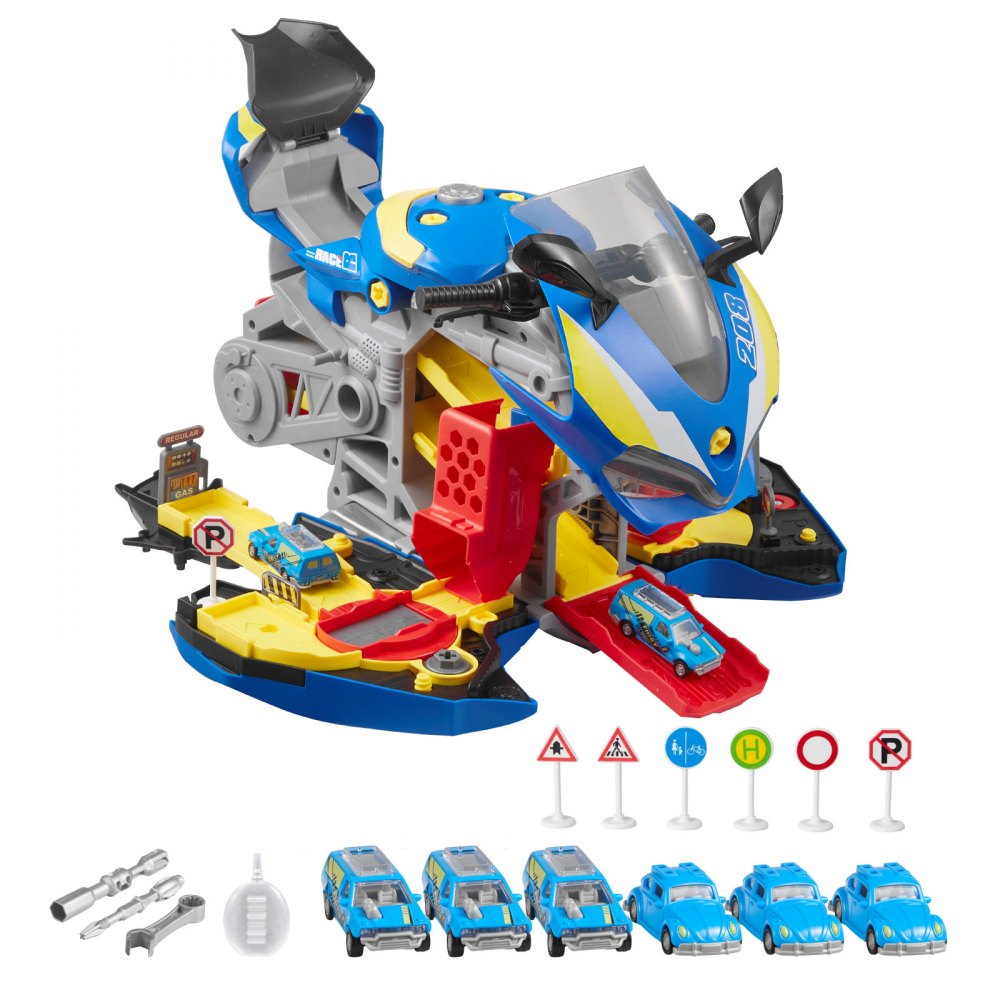 VEVOR Giocattolo Motore per Moto, Giochi Meccanici 25 Pezzi con Parti Rimovibili, Luci e Suoni, Simulazione di Guida e Corsa in Pista, Set Officina Meccanica per Bambini, Colore Blu
