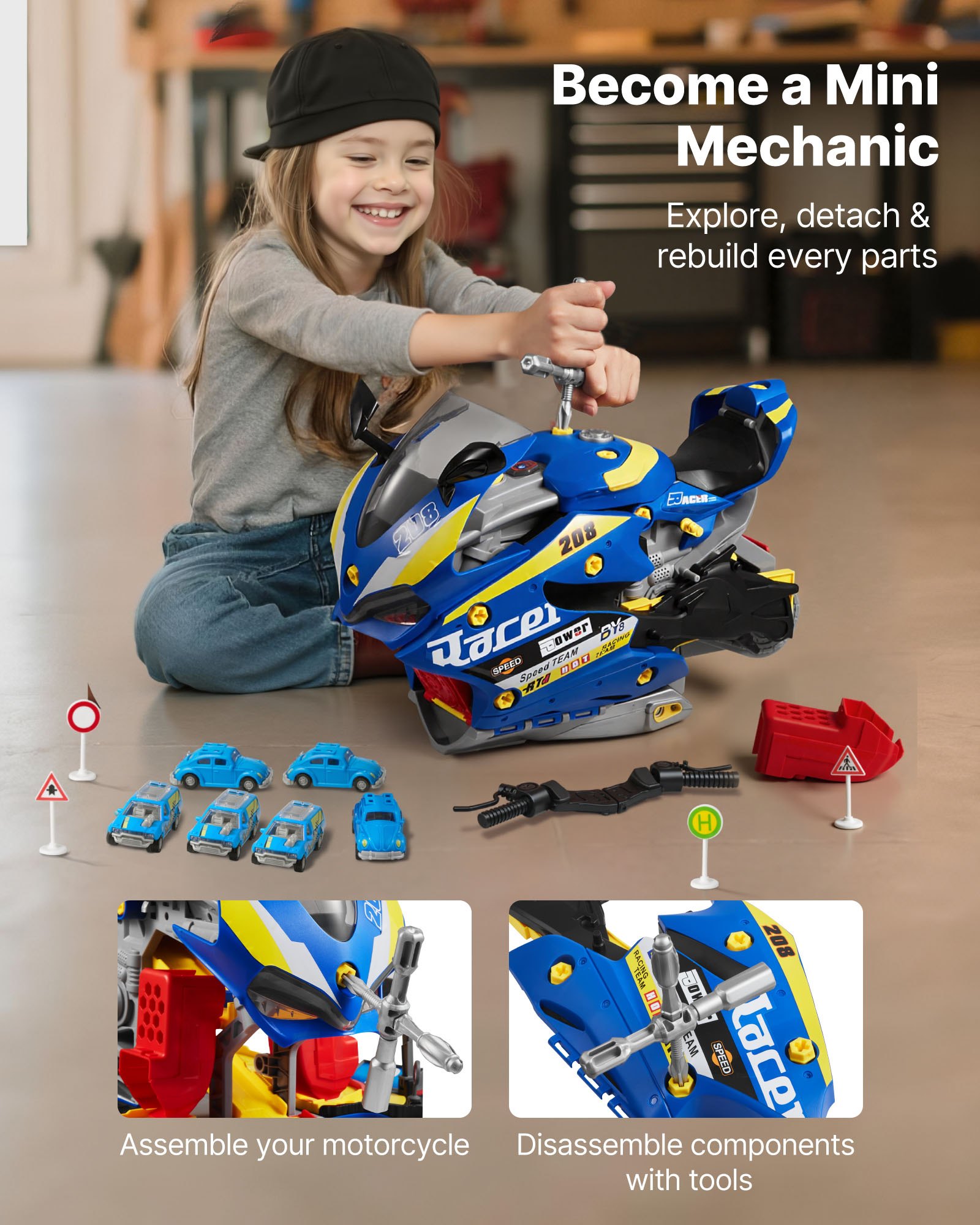 VEVOR Giocattolo Motore per Moto, Giochi Meccanici 25 Pezzi con Parti Rimovibili, Luci e Suoni, Simulazione di Guida e Corsa in Pista, Set Officina Meccanica per Bambini, Colore Blu