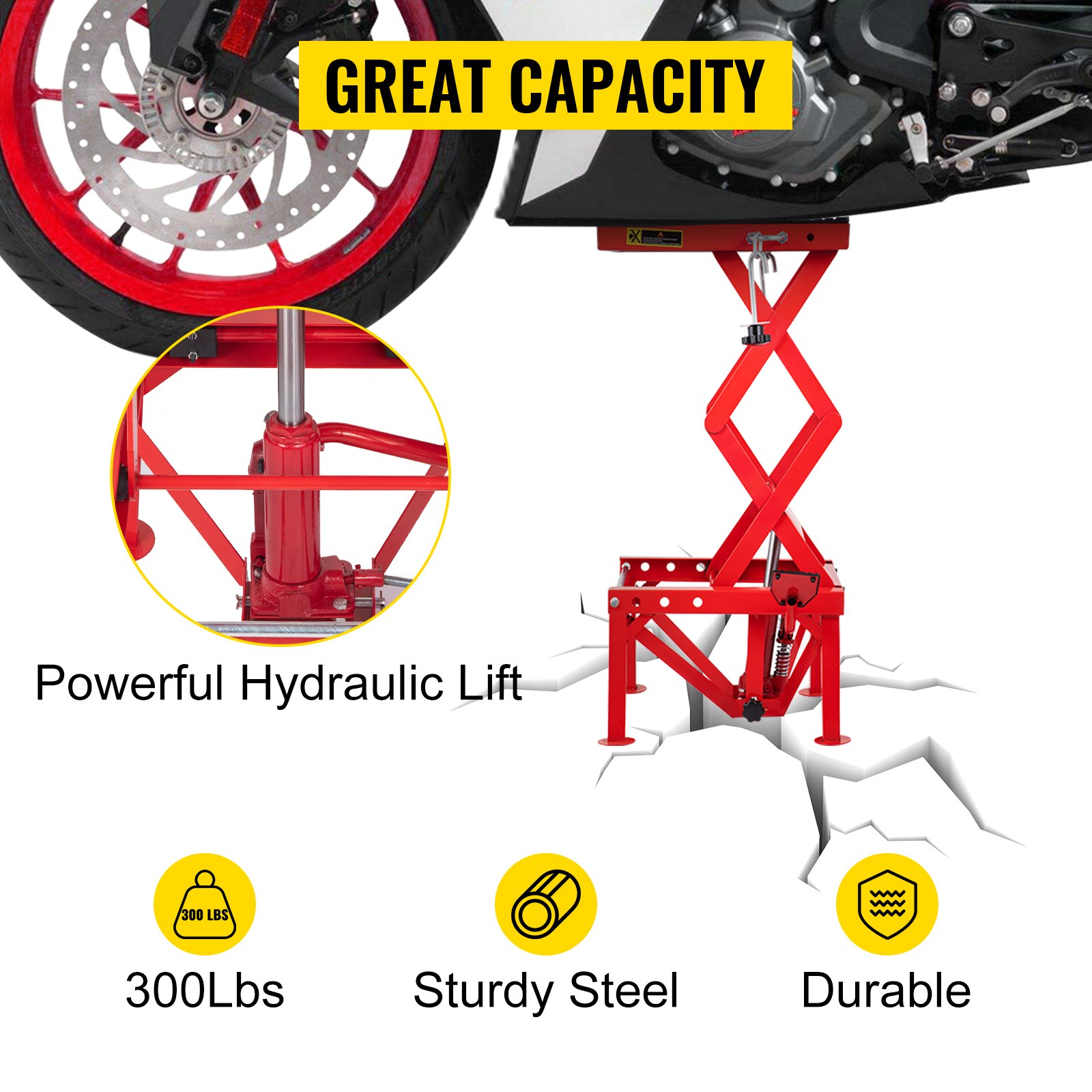 VEVOR Ponte Sollevatore Moto 300 Libre Cavalletto Idraulico in Rosso Moto Sollevatore Idraulico 136,08 kg Cavalletto Alzamoto con Cinghie di Fissaggio e