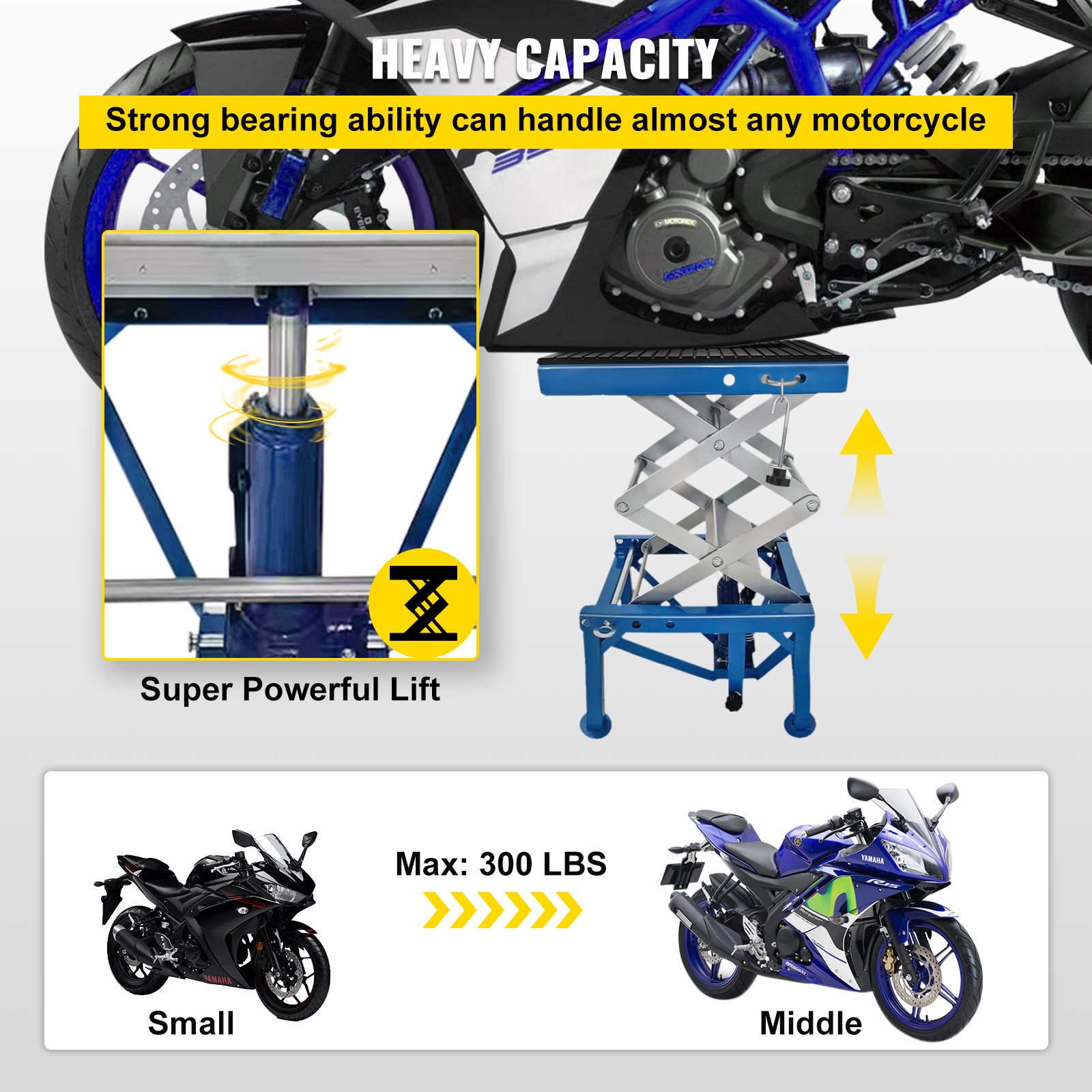 VEVOR Ponte Sollevatore Moto 300 libbre, Cavalletto Idraulico in Blu, Moto Lift Idraulico 136,08 kg, Cavalletto Alzamoto con Cinghie di Fissaggio e  il Telaio a Forbice del Cavalletto