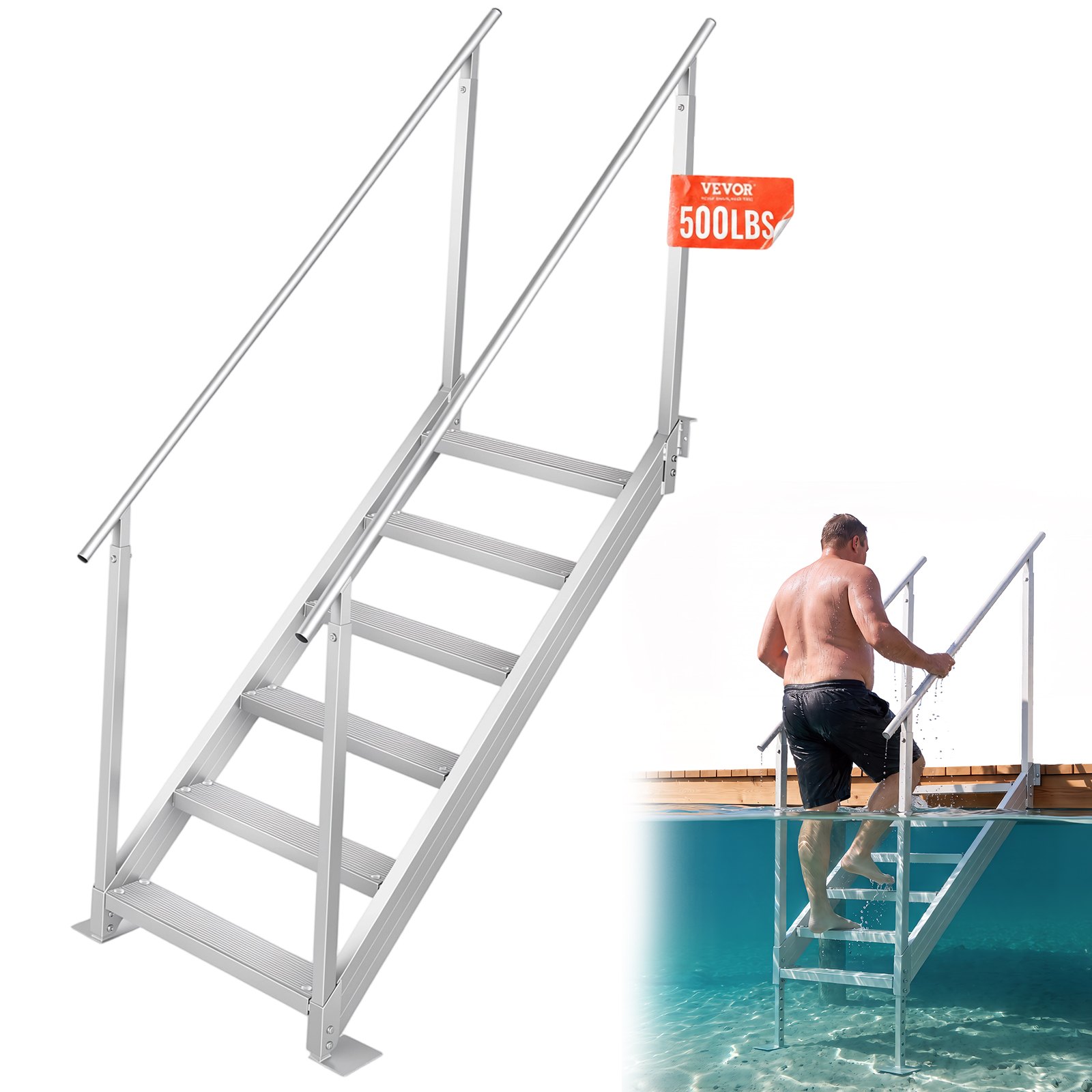 VEVOR Scaletta per Pontile Altezza Regolabile 109-130 cm Scaletta per Pontone Barca 6 Gradini Lega di Alluminio Portata ca. 226 kg con Corrimano Scaletta Antiscivolo Scale per Imbarco Barca Piscina