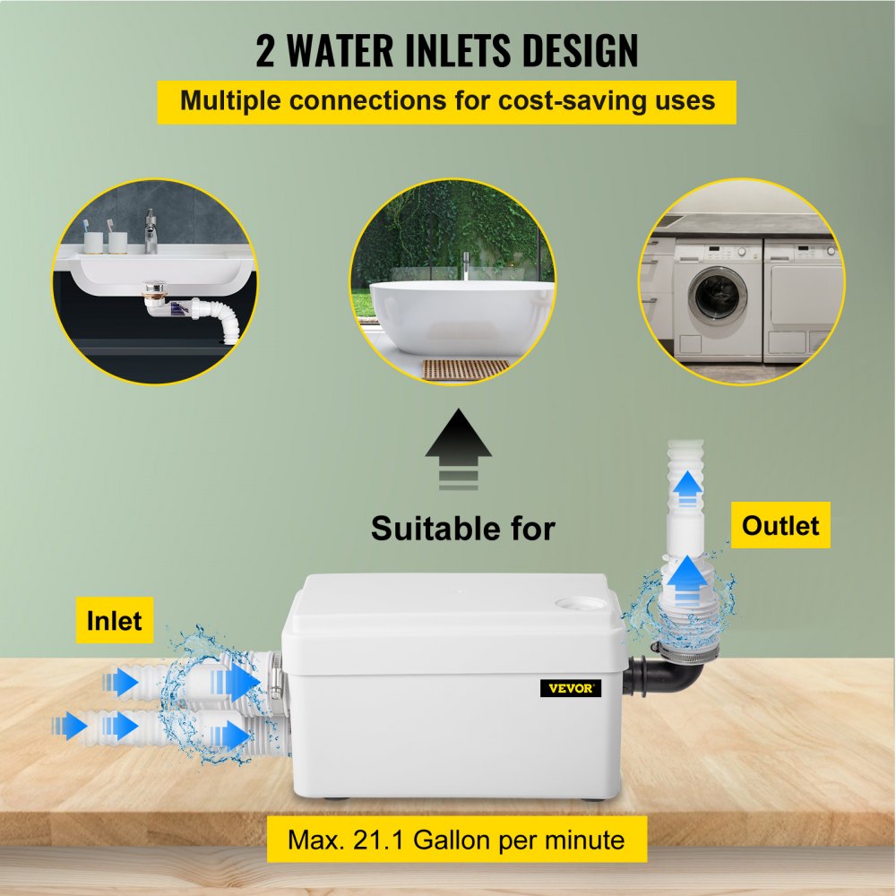 VEVOR Trituratore WC 250W 3000 RPM, Trituratore WC Maceratore 352x160x160 mm, Pompa Trituratrice per WC con 2 Ingressi per Pompare i Rifiuti da Servizi Igienici, Lavandini, Lavastoviglie, Docce