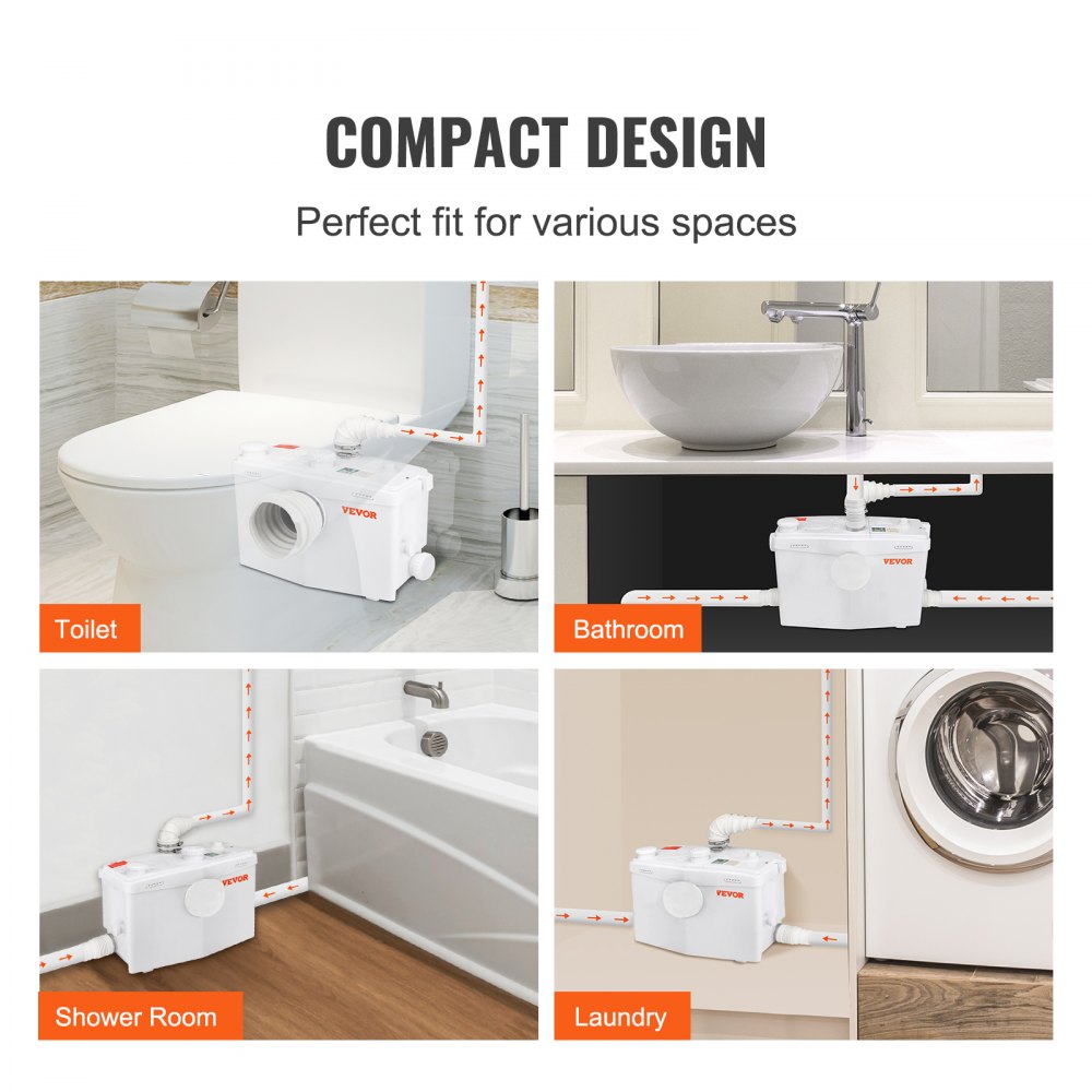 VEVOR Pompa Acque Nere Pompa Sommersa Pompa Trituratore per Scarico Bagno Pompa Maceratrice Sanitaria 700W Prevalenza Max 10m 3 Entrate Tubi Portata