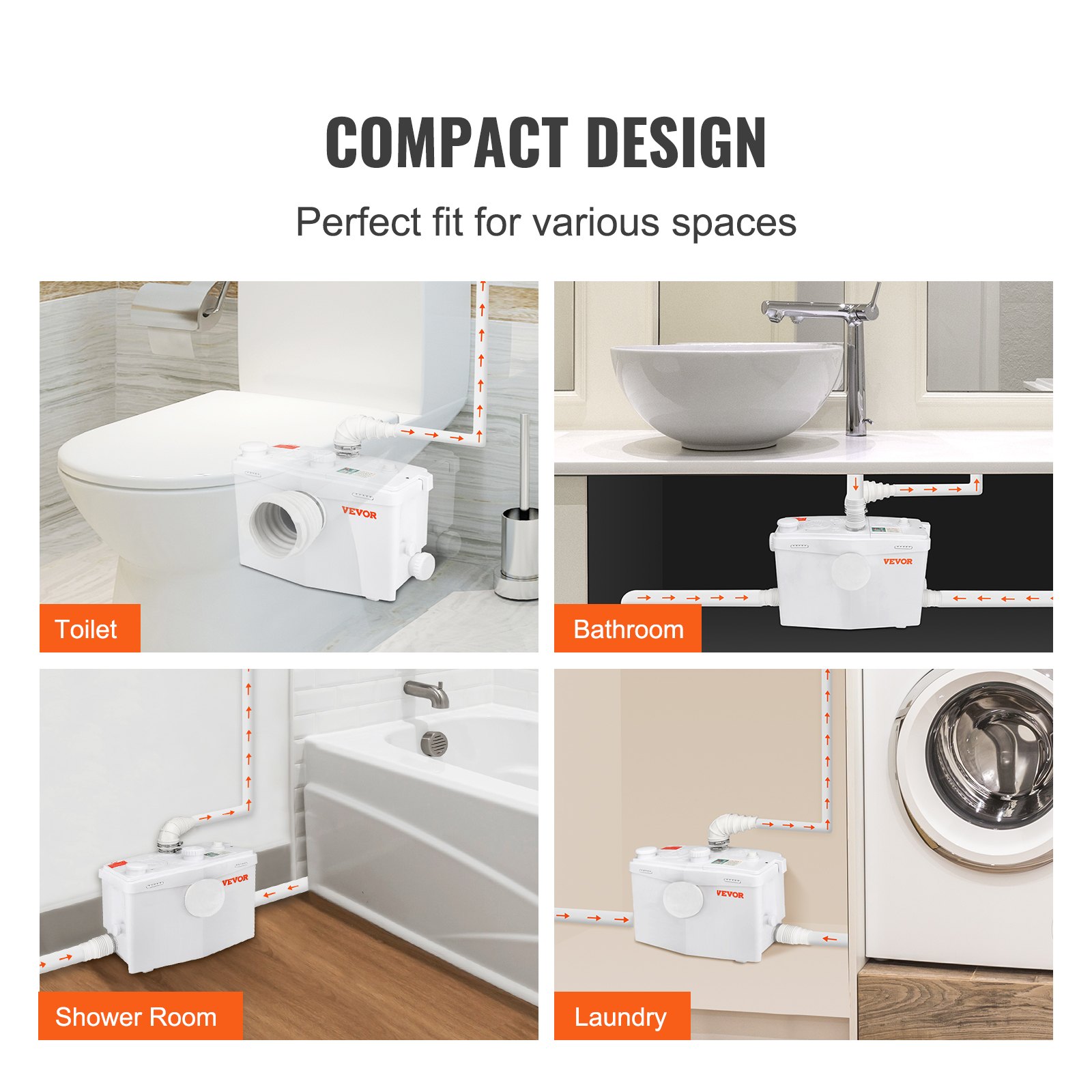 VEVOR Pompa Acque Nere Pompa Sommersa Pompa Trituratore per Scarico Bagno Pompa Maceratrice Sanitaria 700W Prevalenza Max 10m 3 Entrate Tubi Portata