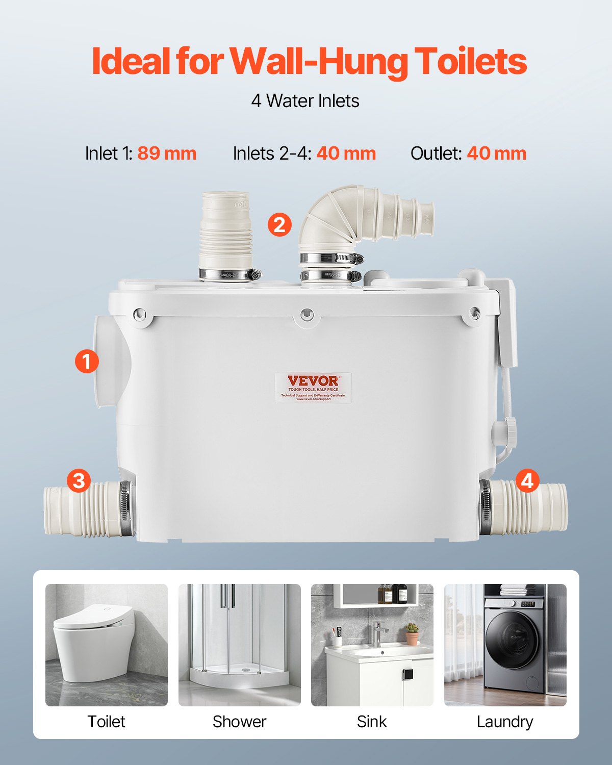 VEVOR Pompa Trituratore per Scarico Bagno Pompa Maceratrice Sanitaria 500W Prevalenza Max. 8m 3 Entrate per Tubi Portata Max. 6600L/h, Pompa Trituratore WC 2900 giri/min Resistente all'Acqua Calda