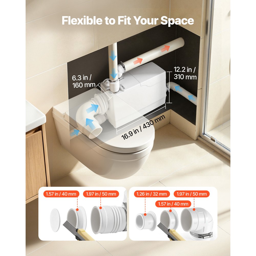 VEVOR Pompa Maceratrice per WC Portata 200L/min Sollevamento Acque Reflue, Maceratore 800 W per Impianti Idraulici Cantica Cucina Bagno Lavanderia Prevalenza 10 m, Attacco Laterale, 4 Ingressi