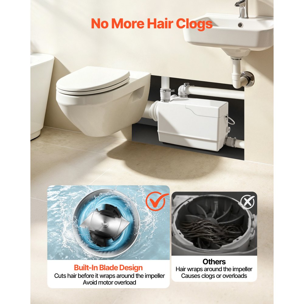 VEVOR Pompa Maceratrice per WC Portata 200L/min Sollevamento Acque Reflue, Maceratore 800 W per Impianti Idraulici Cantica Cucina Bagno Lavanderia Prevalenza 10 m, Attacco Laterale, 4 Ingressi