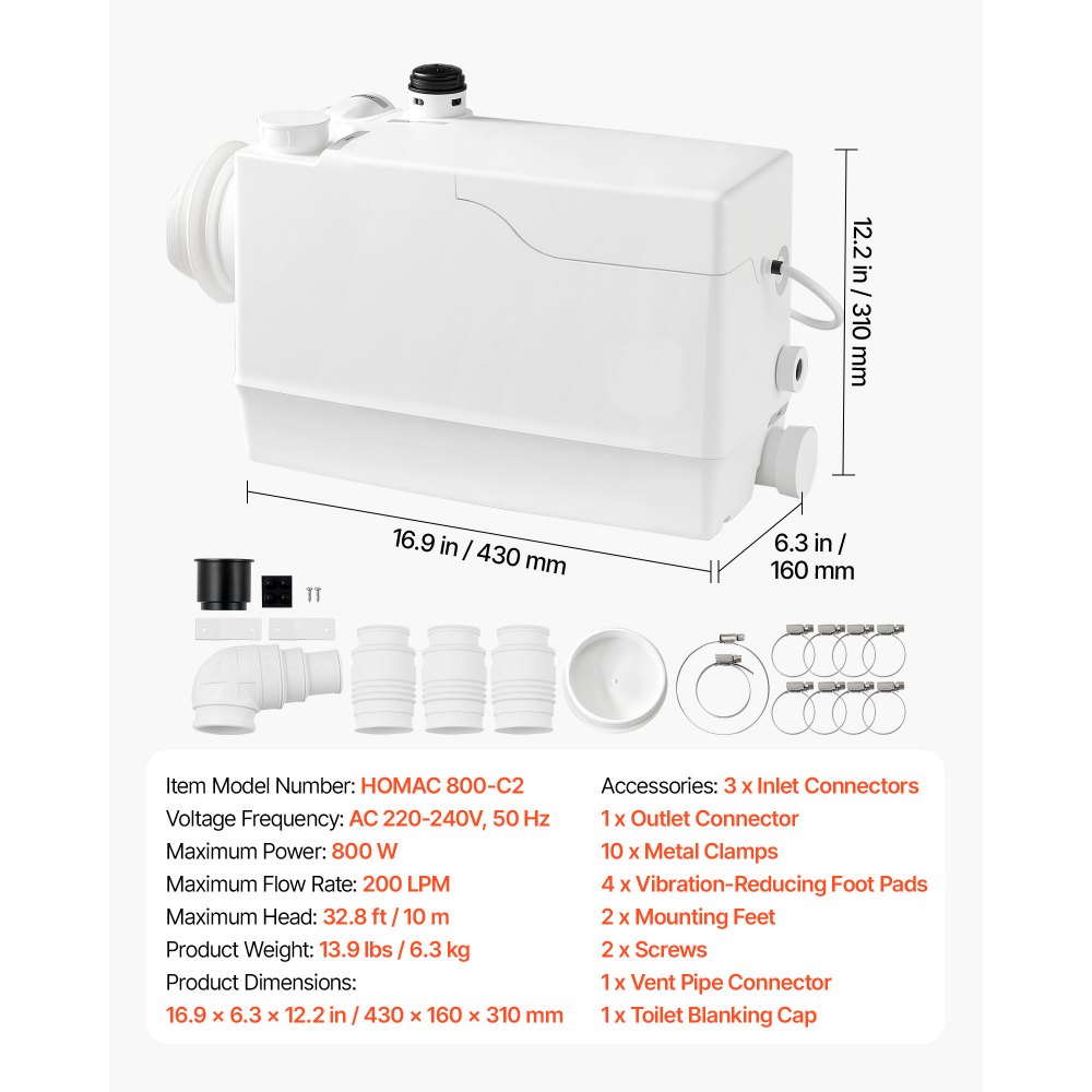 VEVOR Pompa Maceratrice per WC Portata 200L/min Sollevamento Acque Reflue, Maceratore 800 W per Impianti Idraulici Cantica Cucina Bagno Lavanderia Prevalenza 10 m, Attacco Laterale, 4 Ingressi