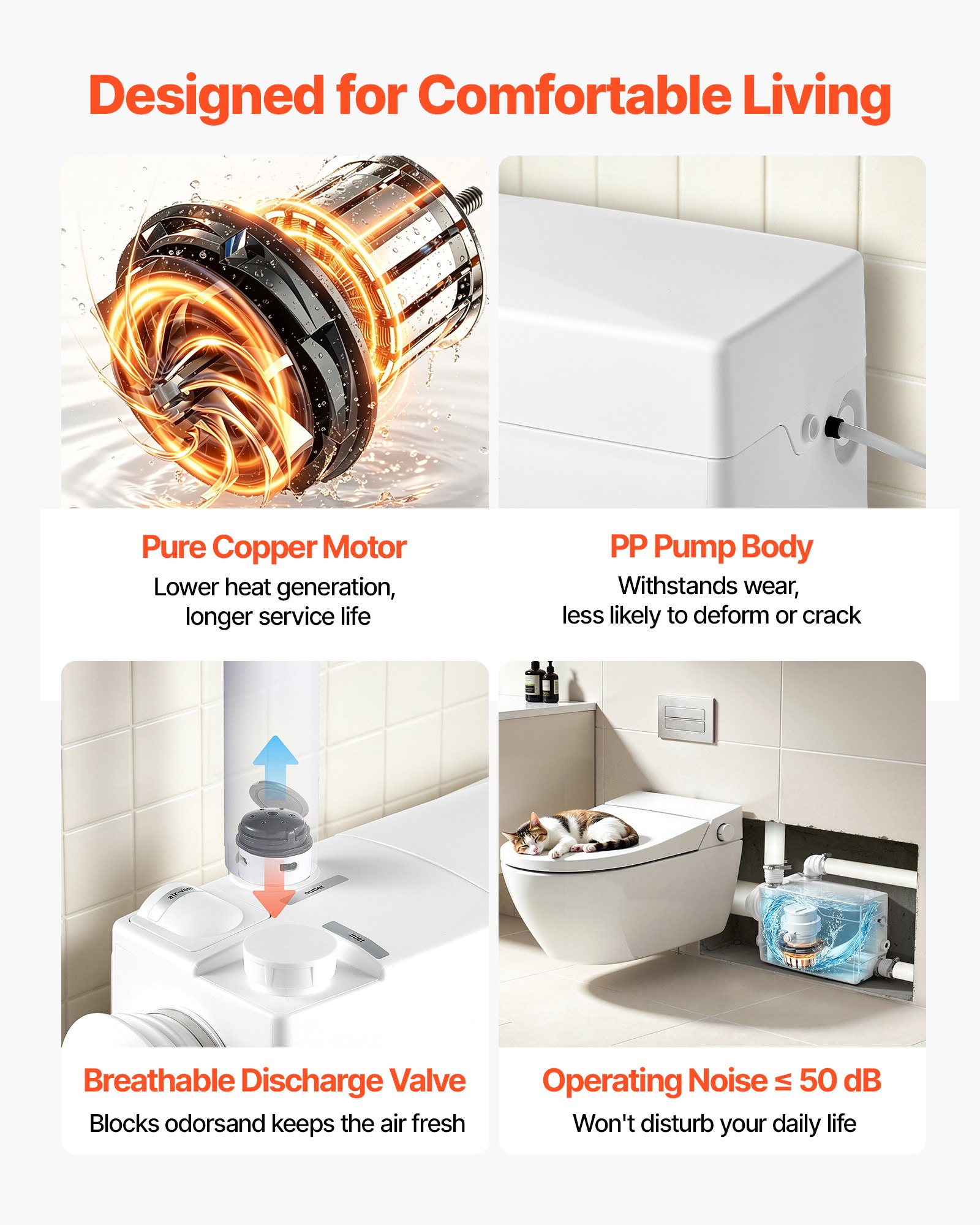 VEVOR Pompa Maceratrice per WC Portata 200L/min Sollevamento Acque Reflue, Maceratore 800 W per Impianti Idraulici Cantica Cucina Bagno Lavanderia Prevalenza 10 m, Attacco Laterale, 4 Ingressi