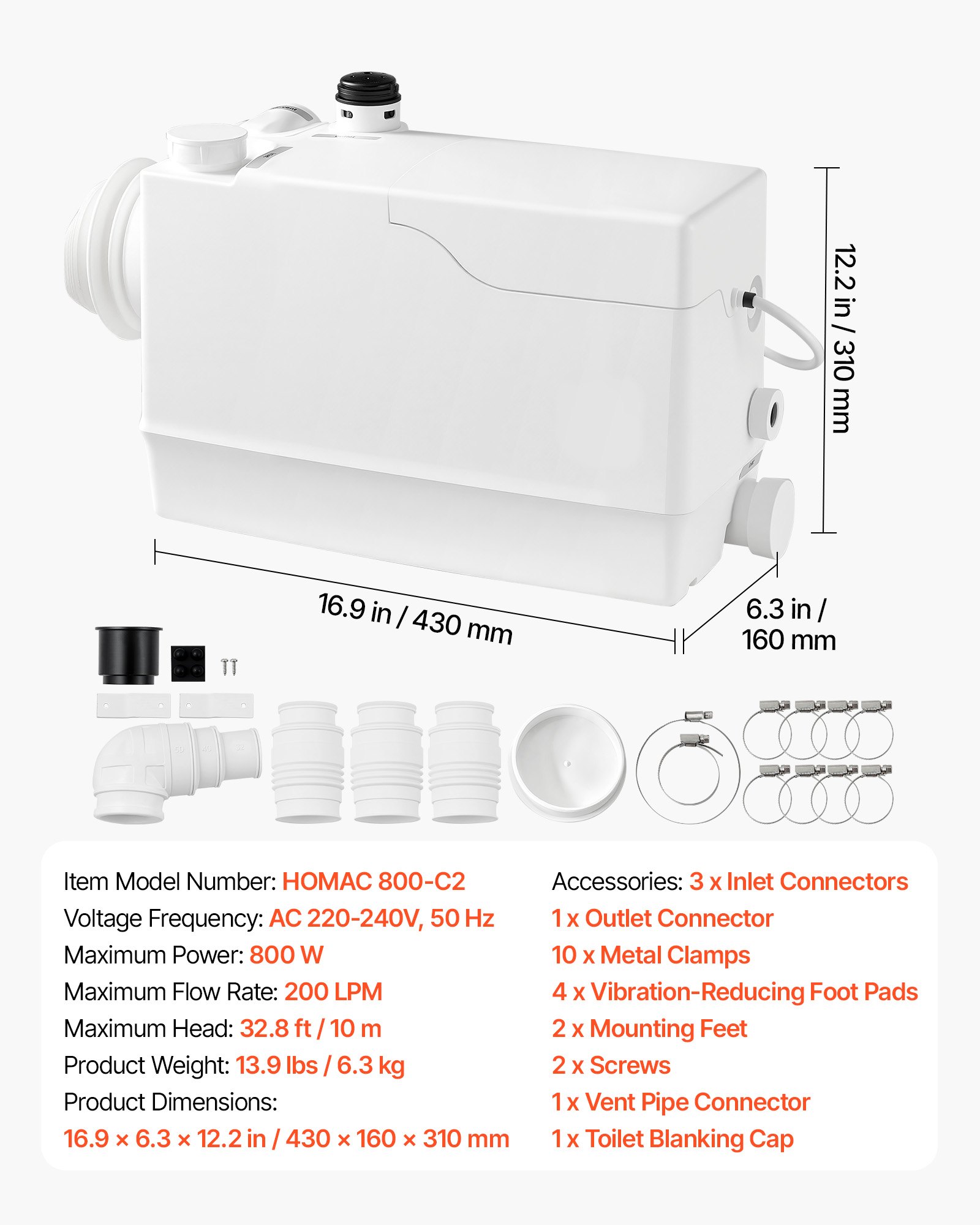 VEVOR Pompa Maceratrice per WC Portata 200L/min Sollevamento Acque Reflue, Maceratore 800 W per Impianti Idraulici Cantica Cucina Bagno Lavanderia Prevalenza 10 m, Attacco Laterale, 4 Ingressi
