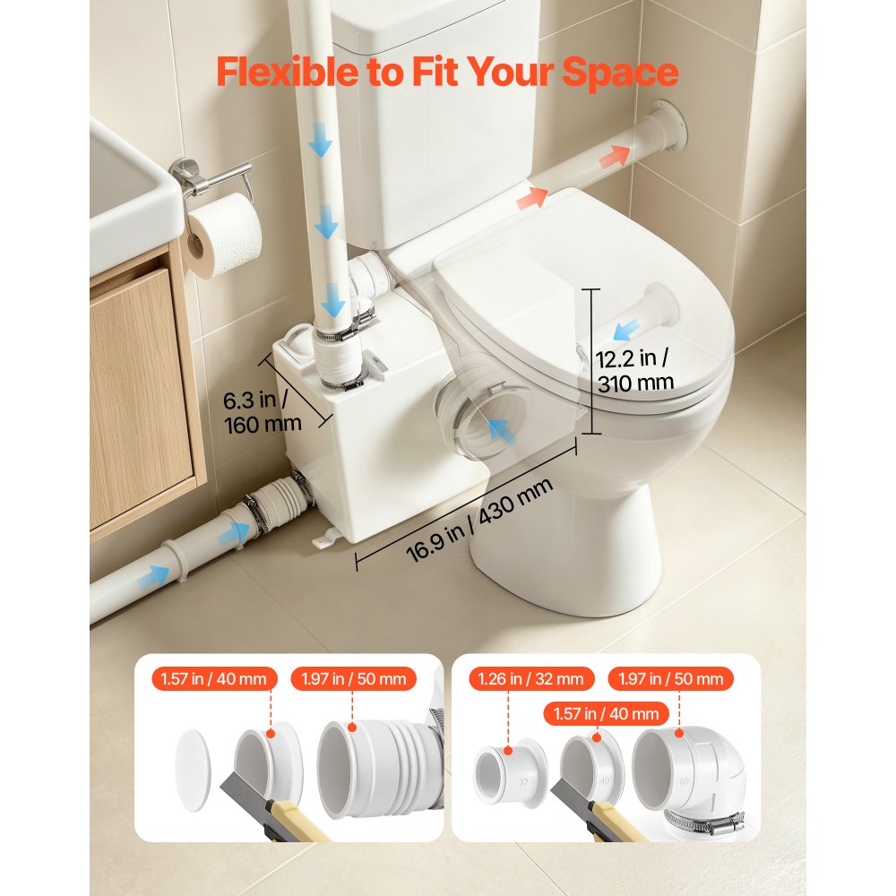 VEVOR Pompa Maceratrice WC Corpo in PP Controllo PCB Intelligente 200L/min, Box Doccia Lavandino da Cucina, Pompa Sanitaria per WC Bagno, Maceratore Lavanderia Lavabo Prevalenza 10 m, 4 Ingressi