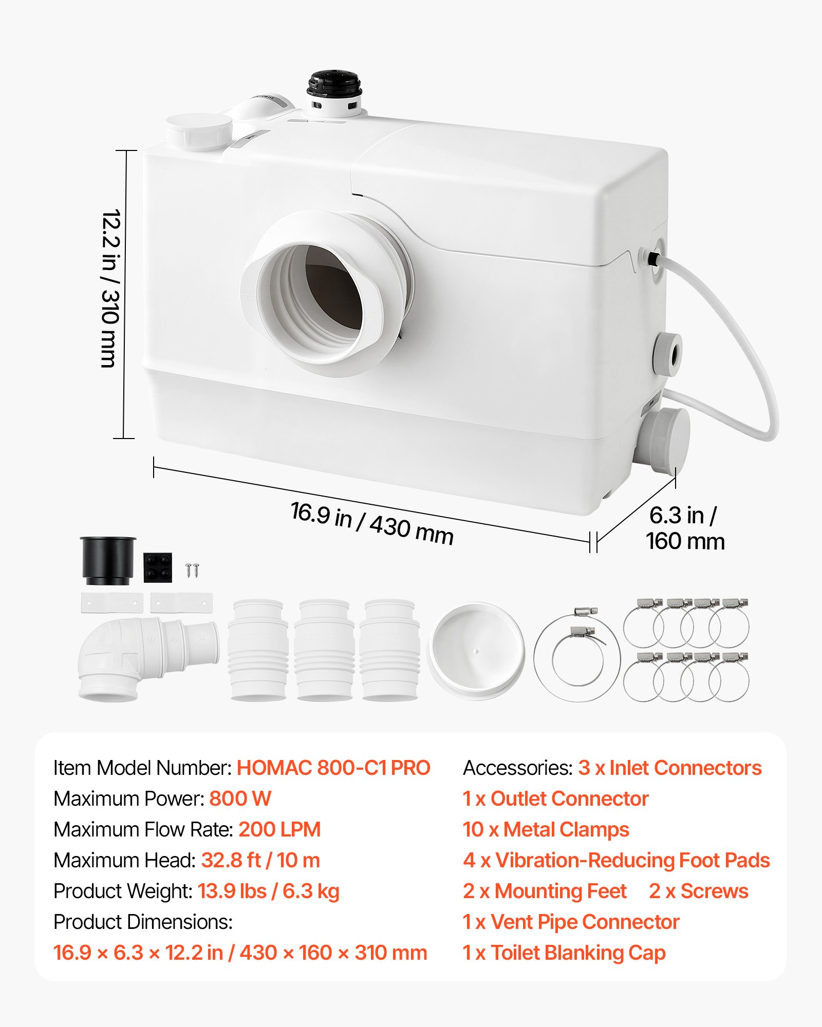 VEVOR Pompa Maceratrice WC Corpo in PP Controllo PCB Intelligente 200L/min, Box Doccia Lavandino da Cucina, Pompa Sanitaria per WC Bagno, Maceratore Lavanderia Lavabo Prevalenza 10 m, 4 Ingressi