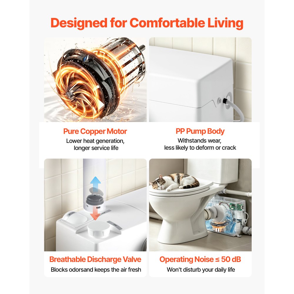 VEVOR Pompa Maceratrice per WC Sollevamento Acque Reflue 800 W 4 Ingressi, Portata 200 L/min Box Doccia Lavandino da Cucina, Pompa Sanitaria Bagno, Maceratore Lavanderia Lavabo Prevalenza 10 m