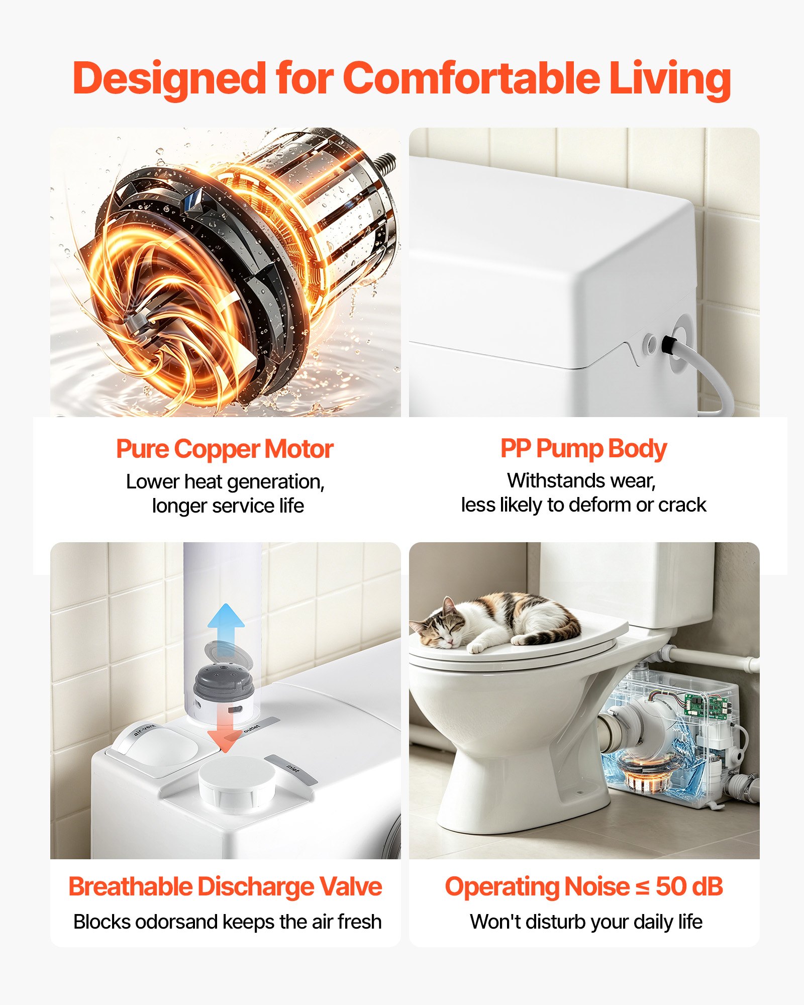 VEVOR Pompa Maceratrice per WC Sollevamento Acque Reflue 800 W 4 Ingressi, Portata 200 L/min Box Doccia Lavandino da Cucina, Pompa Sanitaria Bagno, Maceratore Lavanderia Lavabo Prevalenza 10 m
