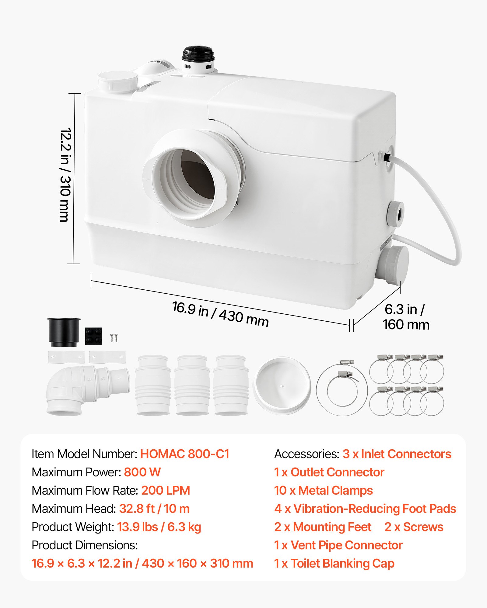 VEVOR Pompa Maceratrice per WC Sollevamento Acque Reflue 800 W 4 Ingressi, Portata 200 L/min Box Doccia Lavandino da Cucina, Pompa Sanitaria Bagno, Maceratore Lavanderia Lavabo Prevalenza 10 m