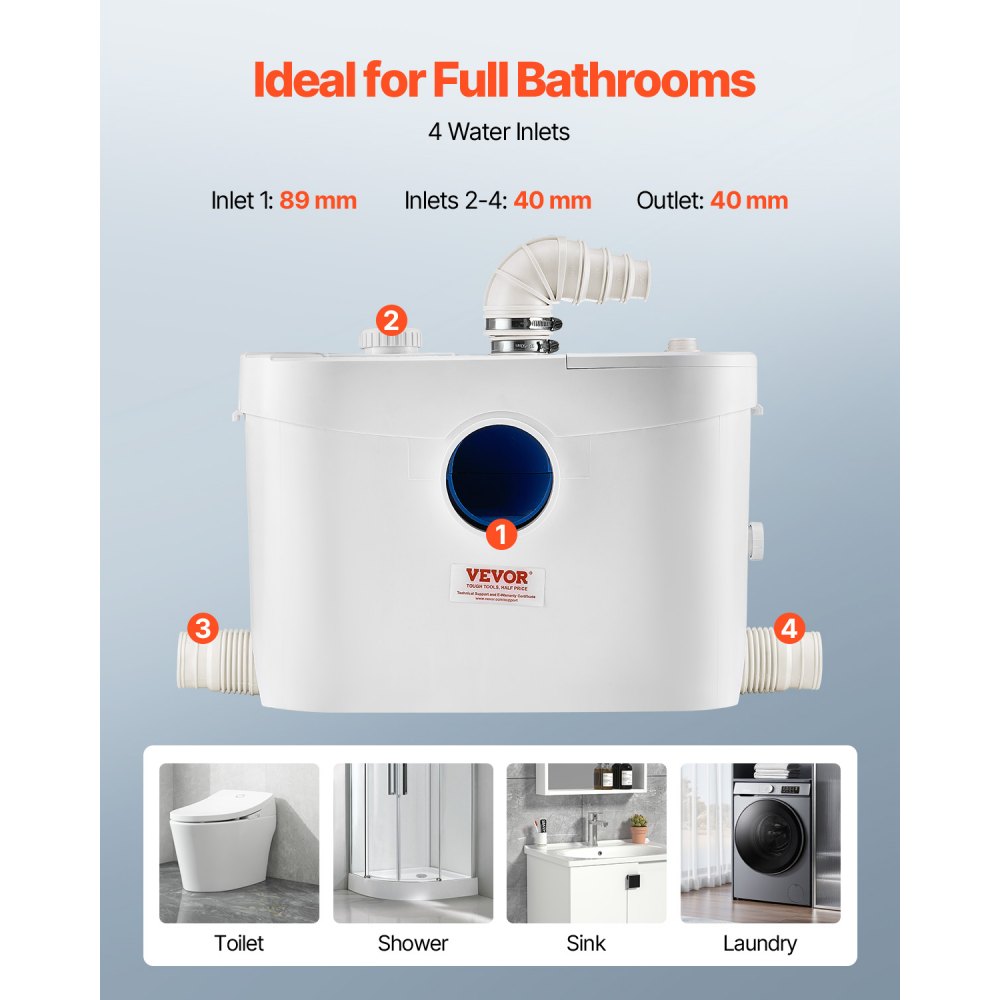 VEVOR Pompa Maceratrice per WC, 900 W, Prevalenza 12 m, con 4 Ingressi per l'Acqua, Macchina per lo Smaltimento delle Acque Reflue per WC, Seminterrato, Doccia, Lavandino, Lavanderia