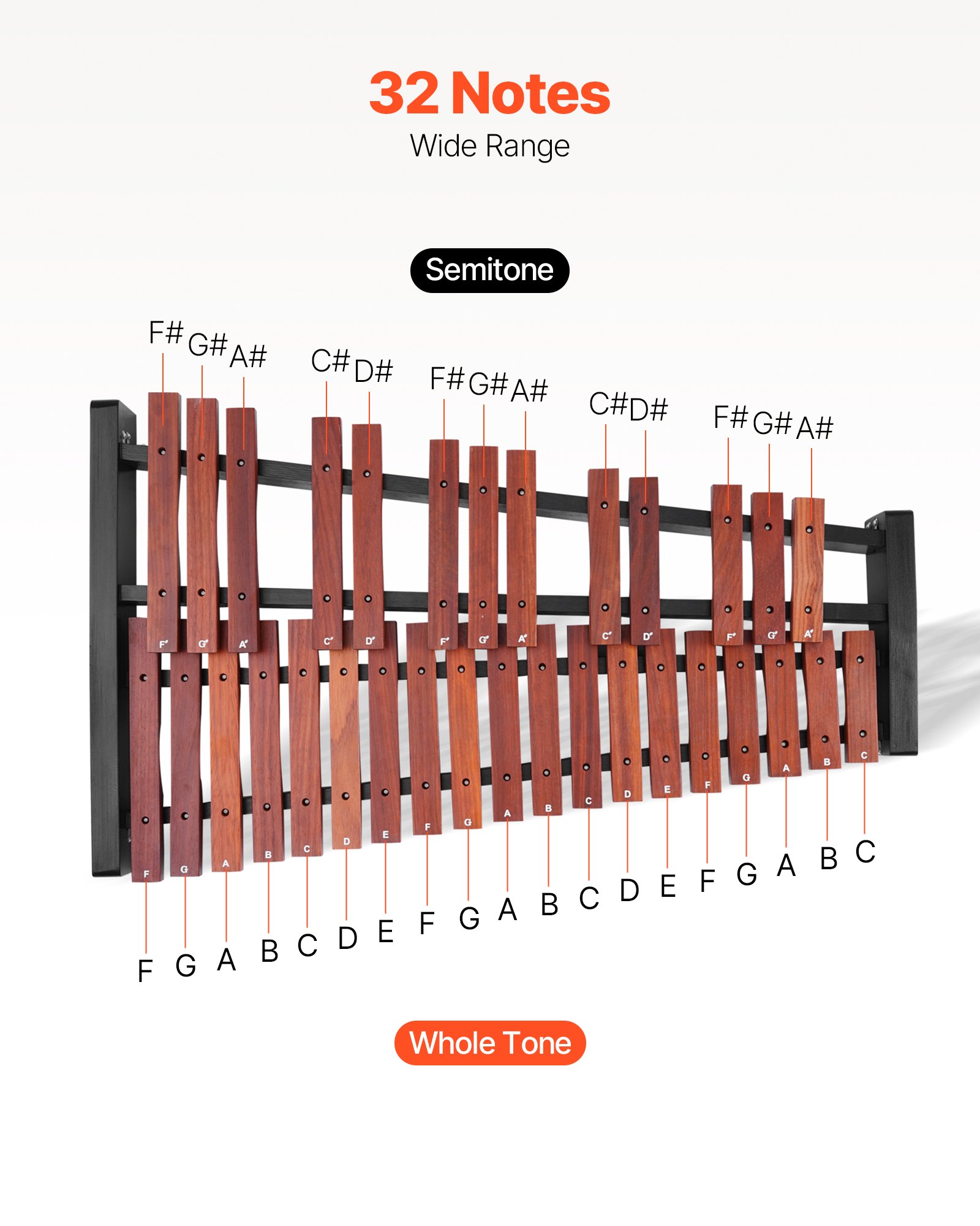 VEVOR Glockenspiel Diatonico Xilofono, 32 Note, Strumento a Percussione Professionale in Legno, con Supporto Regolabile in Altezza 4 Bacchette, Borsa per Trasporto, per Insegnamento Musicale