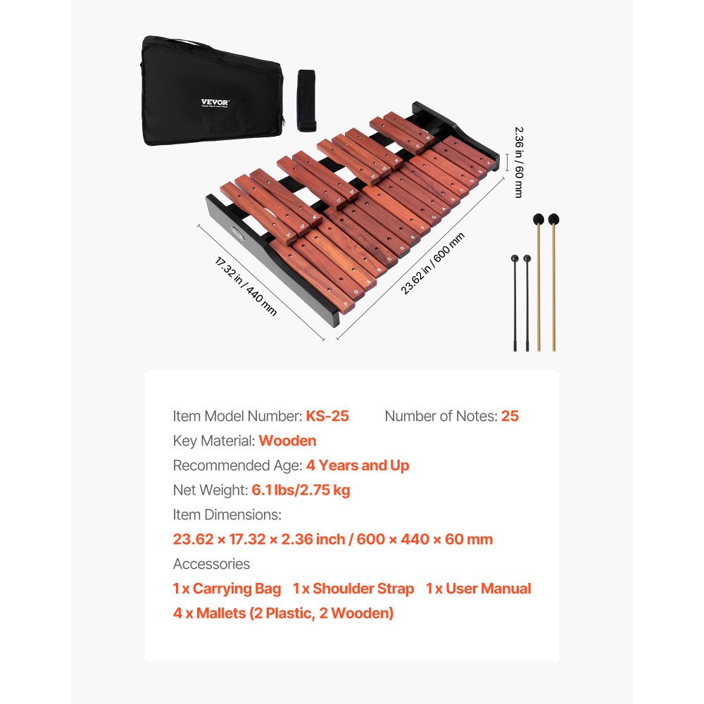 VEVOR Glockenspiel Xilofono, 25 Note, Strumento a Percussione Professionale in Legno, con 4 Bacchette, Borsa per il Trasporto, Kit di Strumenti Musicali Glockenspiel per Principianti