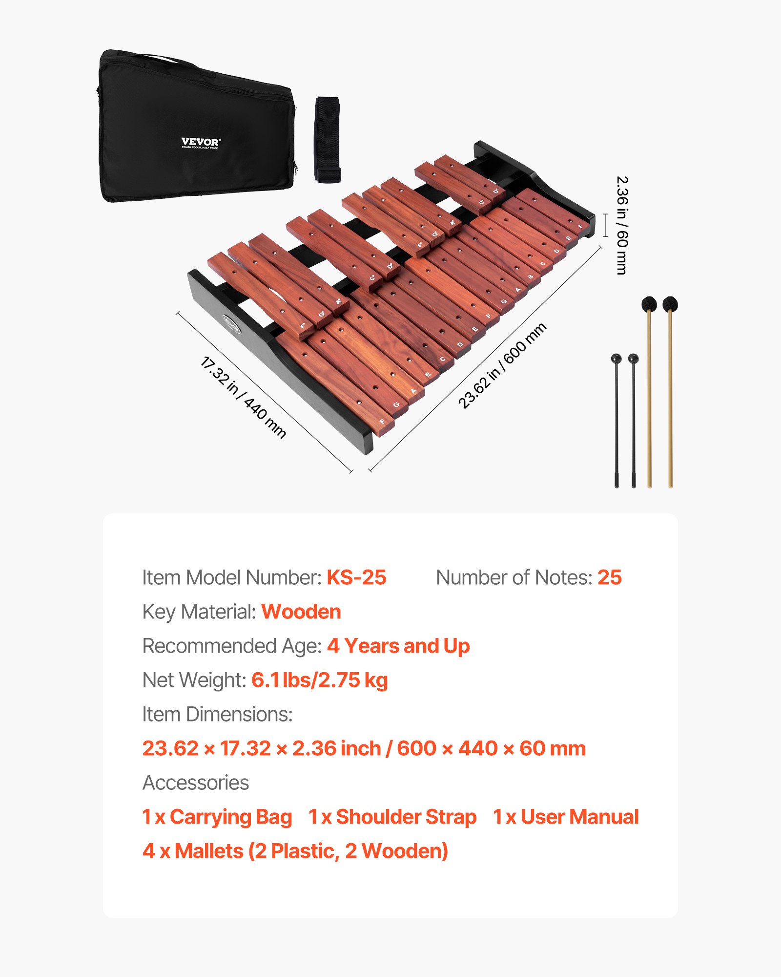 VEVOR Glockenspiel Xilofono, 25 Note, Strumento a Percussione Professionale in Legno, con 4 Bacchette, Borsa per il Trasporto, Kit di Strumenti Musicali Glockenspiel per Principianti
