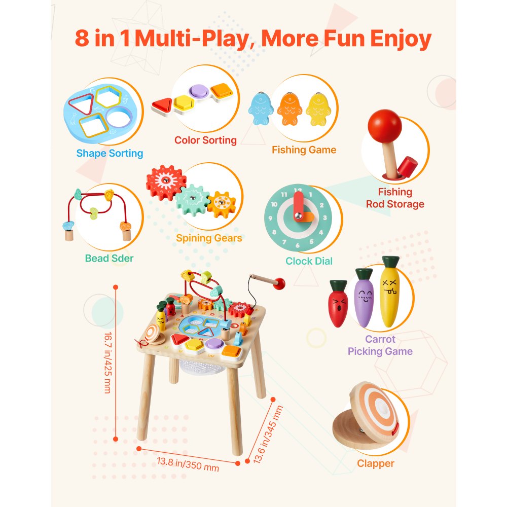 VEVOR Tavolino Multiattività Interattivo per Bambini Piccoli, Scrivania in Legno per Attività Didattiche per Bambine dai 6 ai 36 Mesi, Tavolino Evolutivo Multiattività da 320 x 320 x 465 mm