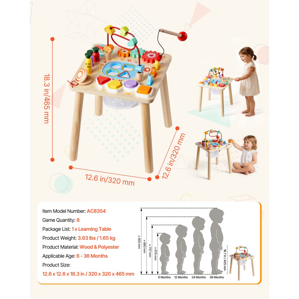 VEVOR Tavolino Multiattività Interattivo per Bambini Piccoli, Scrivania in Legno per Attività Didattiche per Bambine dai 6 ai 36 Mesi, Tavolino Evolutivo Multiattività da 320 x 320 x 465 mm