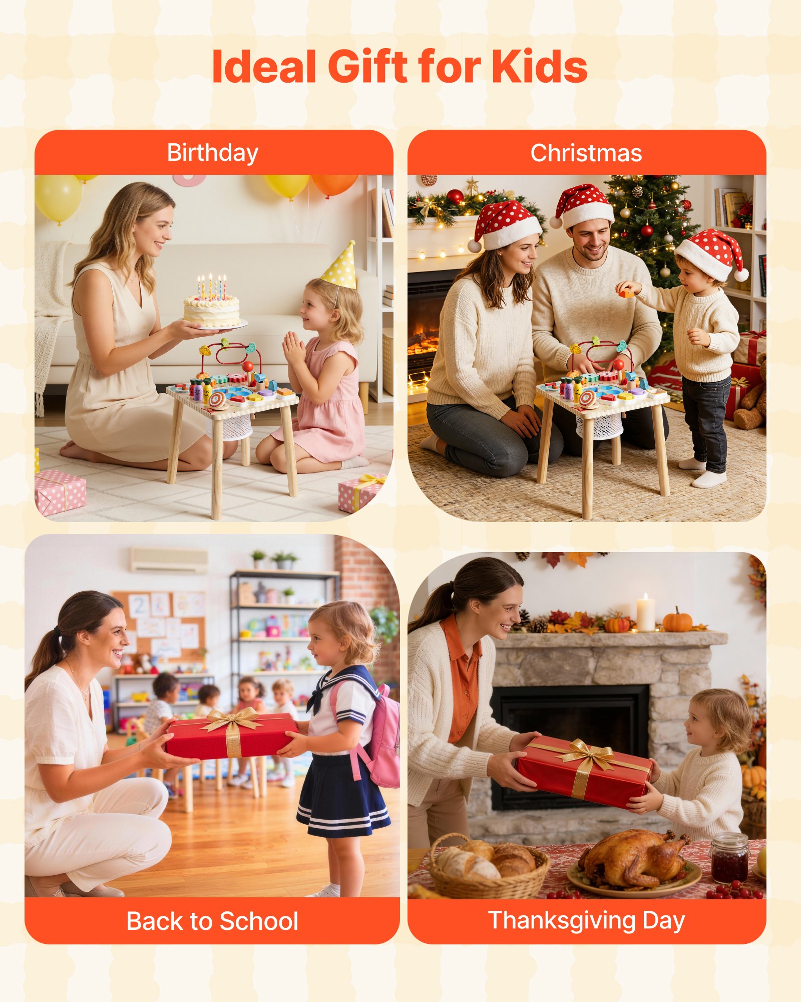 VEVOR Tavolino Multiattività Interattivo per Bambini Piccoli, Scrivania in Legno per Attività Didattiche per Bambine dai 6 ai 36 Mesi, Tavolino Evolutivo Multiattività da 320 x 320 x 465 mm