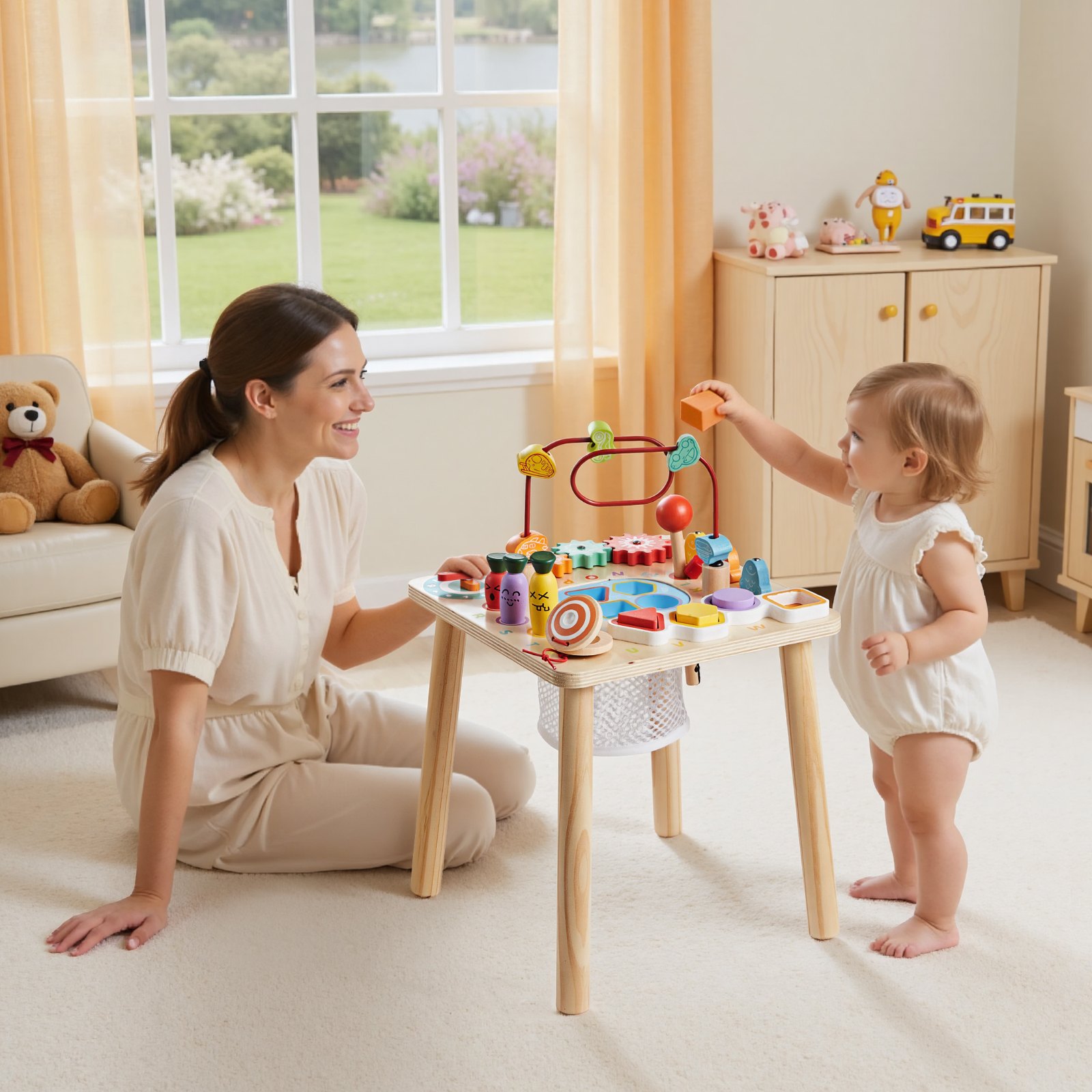 VEVOR Tavolino Multiattività Interattivo per Bambini Piccoli, Scrivania in Legno per Attività Didattiche per Bambine dai 6 ai 36 Mesi, Tavolino Evolutivo Multiattività da 320 x 320 x 465 mm