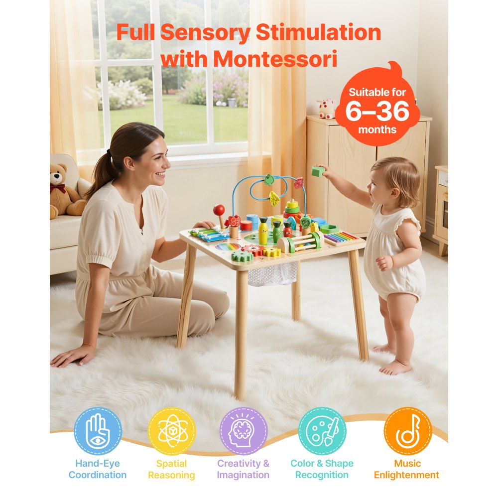 VEVOR Tavolo da Gioco Sensoriale per Bambini, Scrivania in Legno per Attività Didattiche per Bambine dai 6 ai 36 Mesi, Tavolino Evolutivo Multiattività da 450 x 380 x 545 mm con 13 Giochi