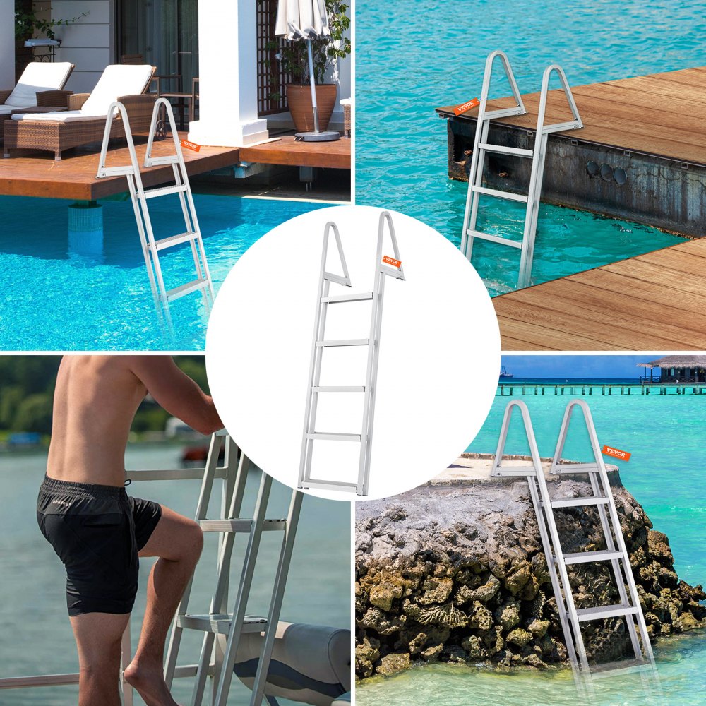 VEVOR Scaletta per Pontile, 5 Gradini Rimovibili, Scala per Barca in Lega di Alluminio, Carico 158,7 kg con Gradino Antiscivolo, Facile da Installare per Barca, Lago, Piscina, Imbarco Marittimo